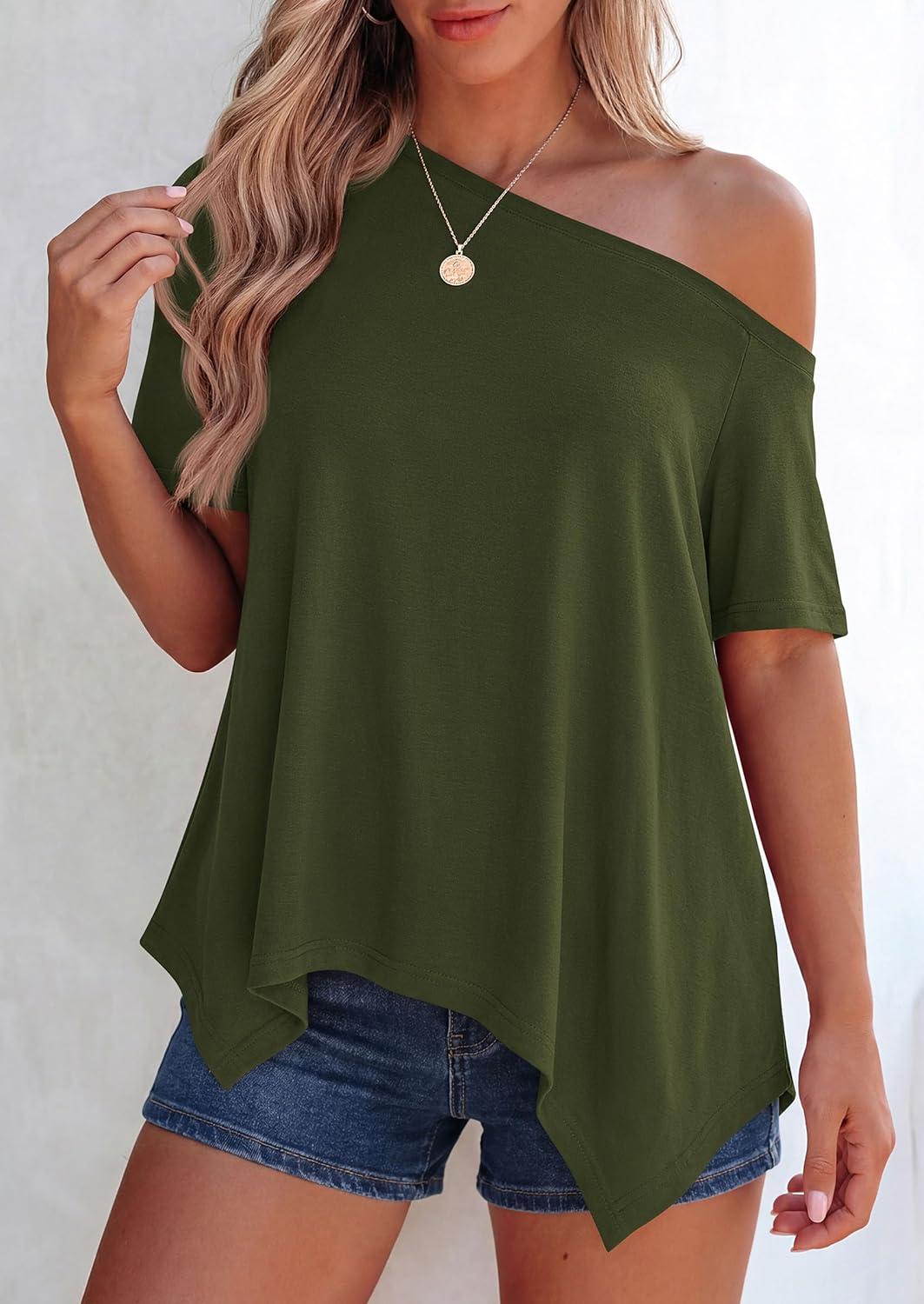 imagePRETTYGARDEN Womens Off The Shoulder Summer Tops Short Sleeve Tunic Blouse 2026 Casual Spring Asymmetrical Oversized TshirtsArmy Green