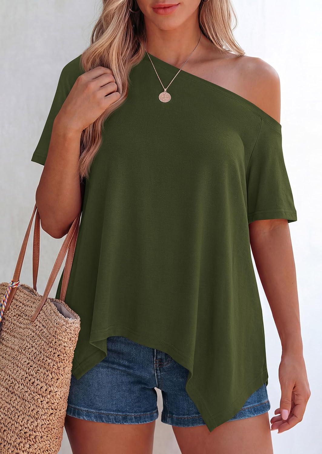 imagePRETTYGARDEN Womens Off The Shoulder Summer Tops Short Sleeve Tunic Blouse 2026 Casual Spring Asymmetrical Oversized TshirtsArmy Green
