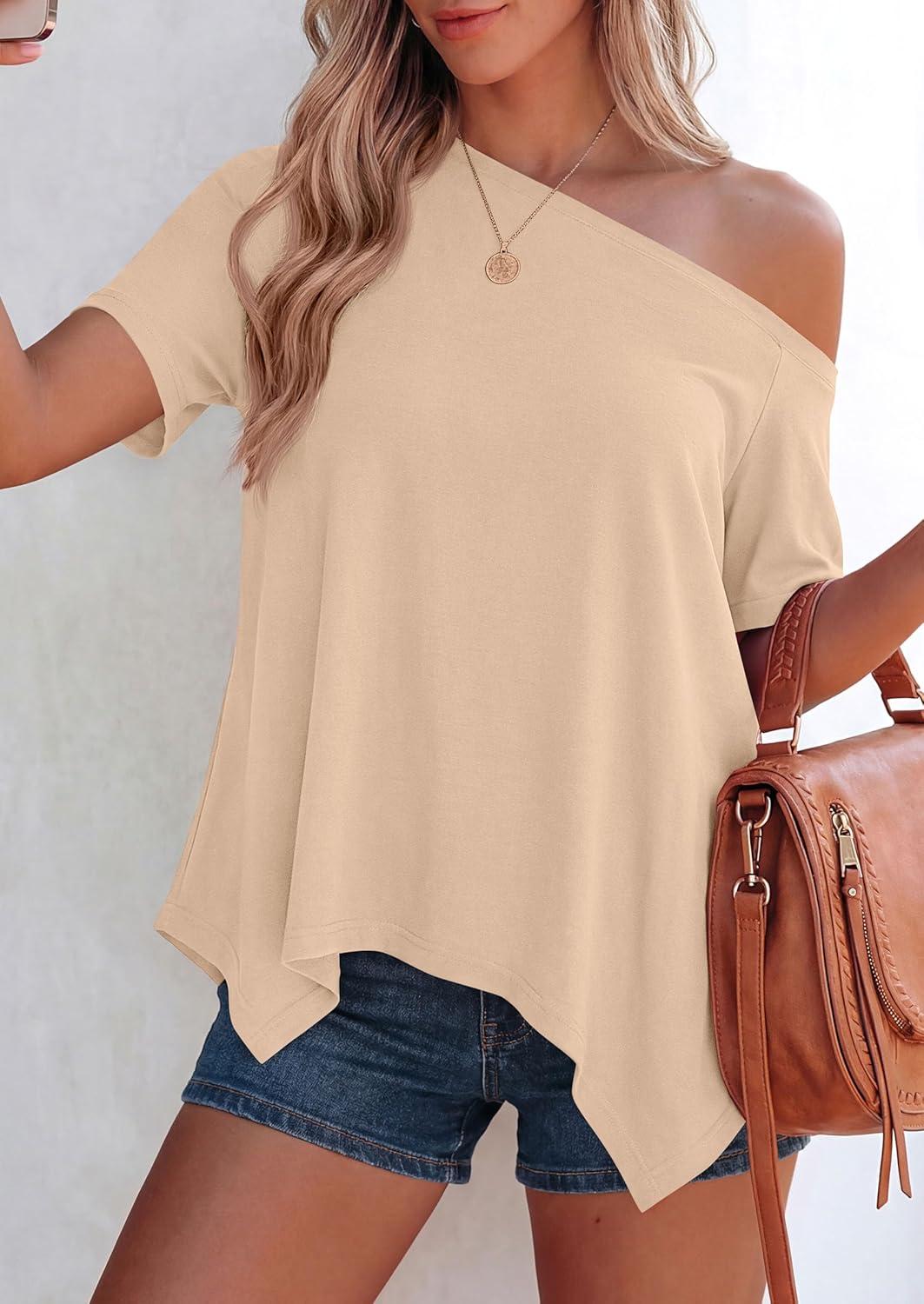 imagePRETTYGARDEN Womens Off The Shoulder Summer Tops Short Sleeve Tunic Blouse 2026 Casual Spring Asymmetrical Oversized TshirtsBeige