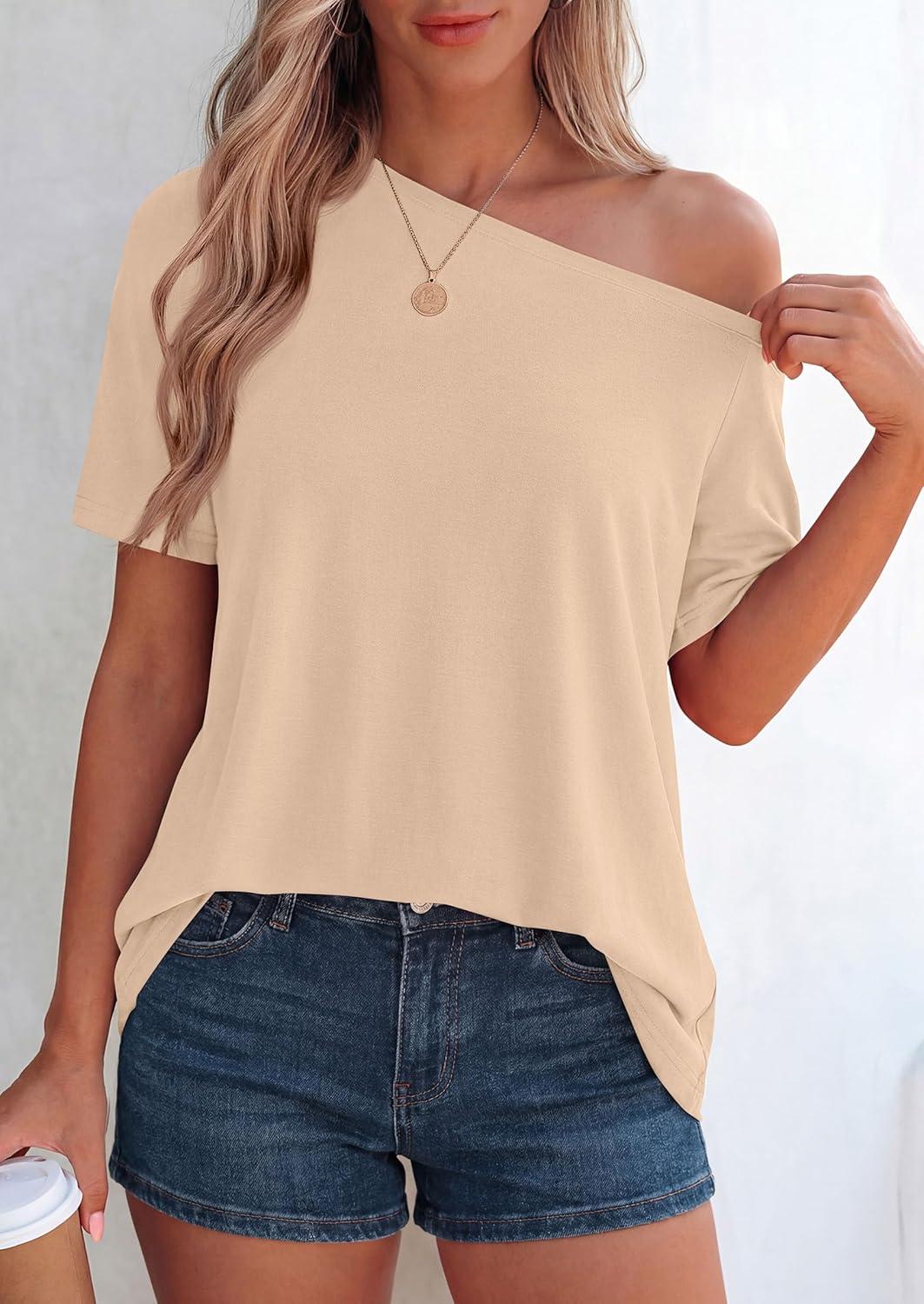 imagePRETTYGARDEN Womens Off The Shoulder Summer Tops Short Sleeve Tunic Blouse 2026 Casual Spring Asymmetrical Oversized TshirtsBeige
