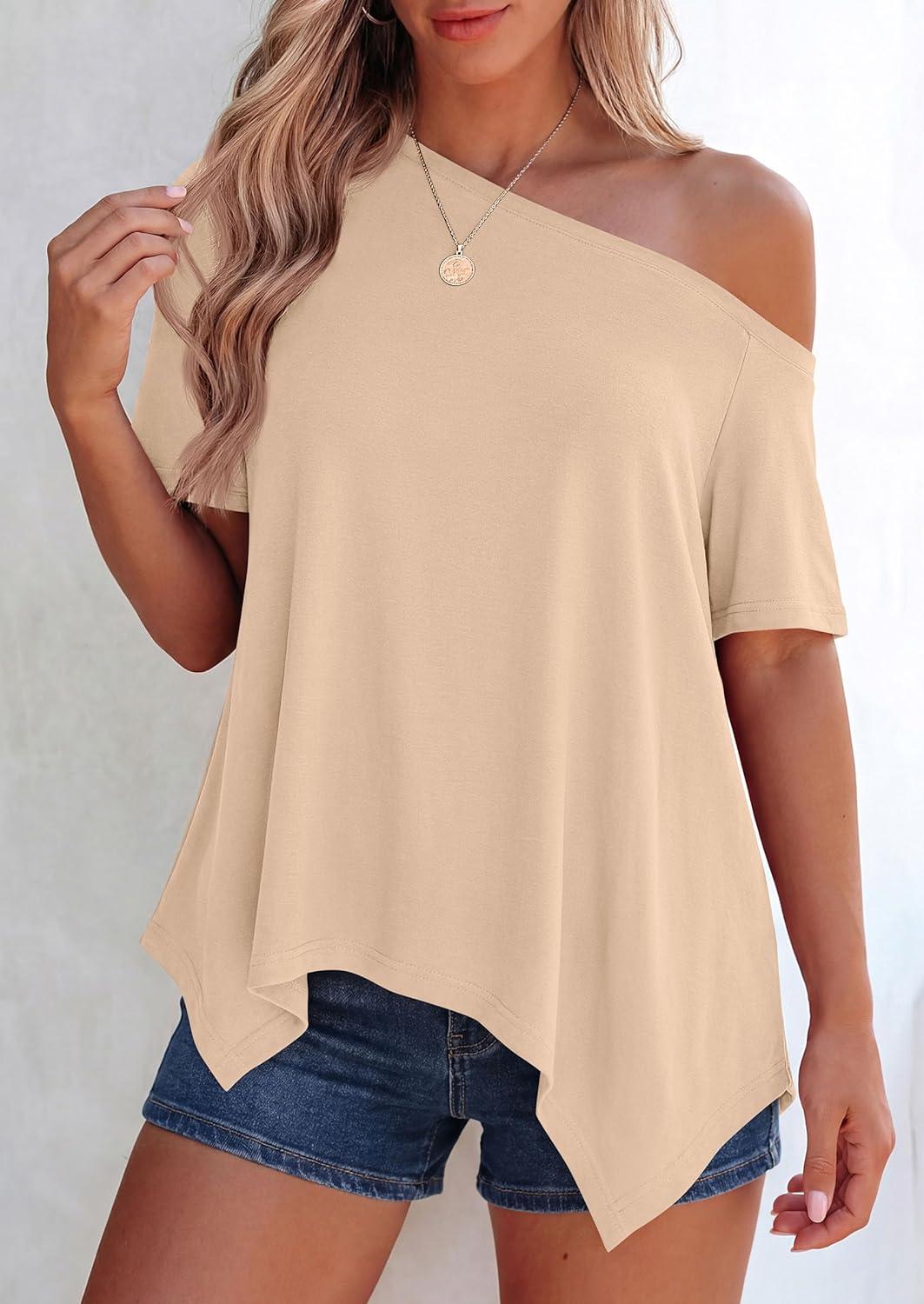 imagePRETTYGARDEN Womens Off The Shoulder Summer Tops Short Sleeve Tunic Blouse 2026 Casual Spring Asymmetrical Oversized TshirtsBeige