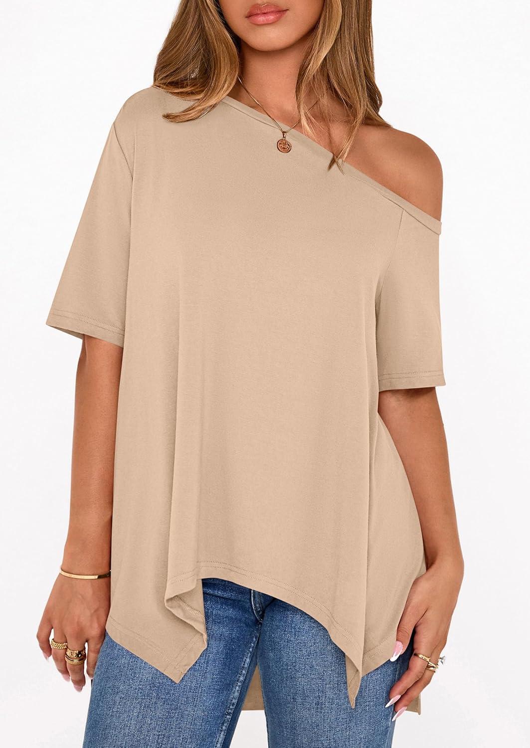 imagePRETTYGARDEN Womens Off The Shoulder Summer Tops Short Sleeve Tunic Blouse 2026 Casual Spring Asymmetrical Oversized TshirtsBeige