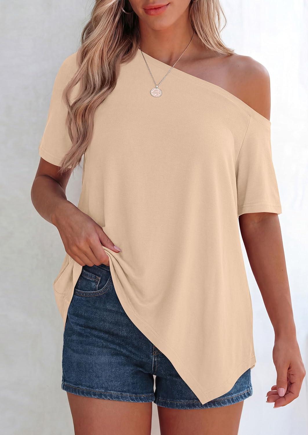 imagePRETTYGARDEN Womens Off The Shoulder Summer Tops Short Sleeve Tunic Blouse 2026 Casual Spring Asymmetrical Oversized TshirtsBeige