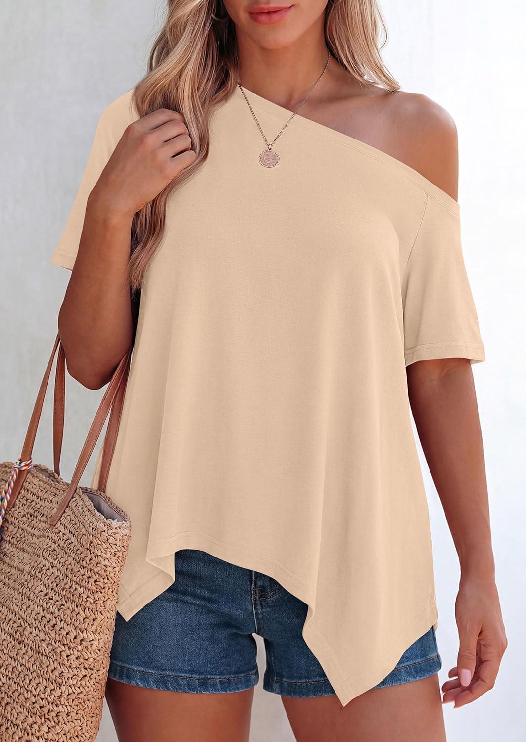 imagePRETTYGARDEN Womens Off The Shoulder Summer Tops Short Sleeve Tunic Blouse 2026 Casual Spring Asymmetrical Oversized TshirtsBeige