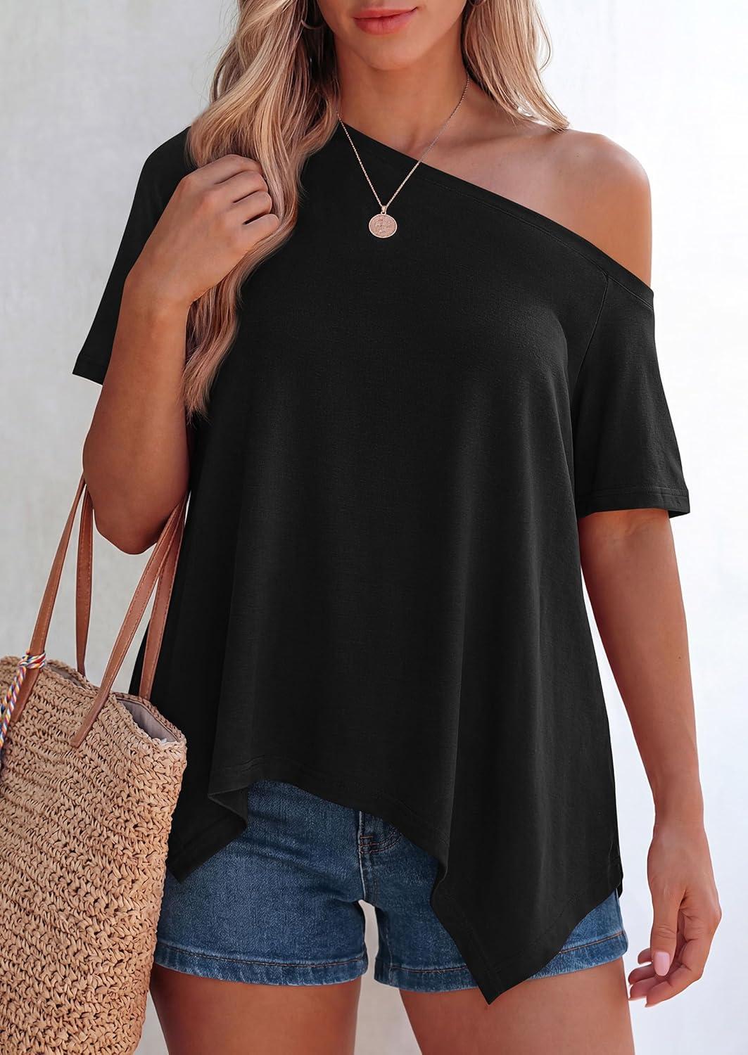 imagePRETTYGARDEN Womens Off The Shoulder Summer Tops Short Sleeve Tunic Blouse 2026 Casual Spring Asymmetrical Oversized TshirtsBlack