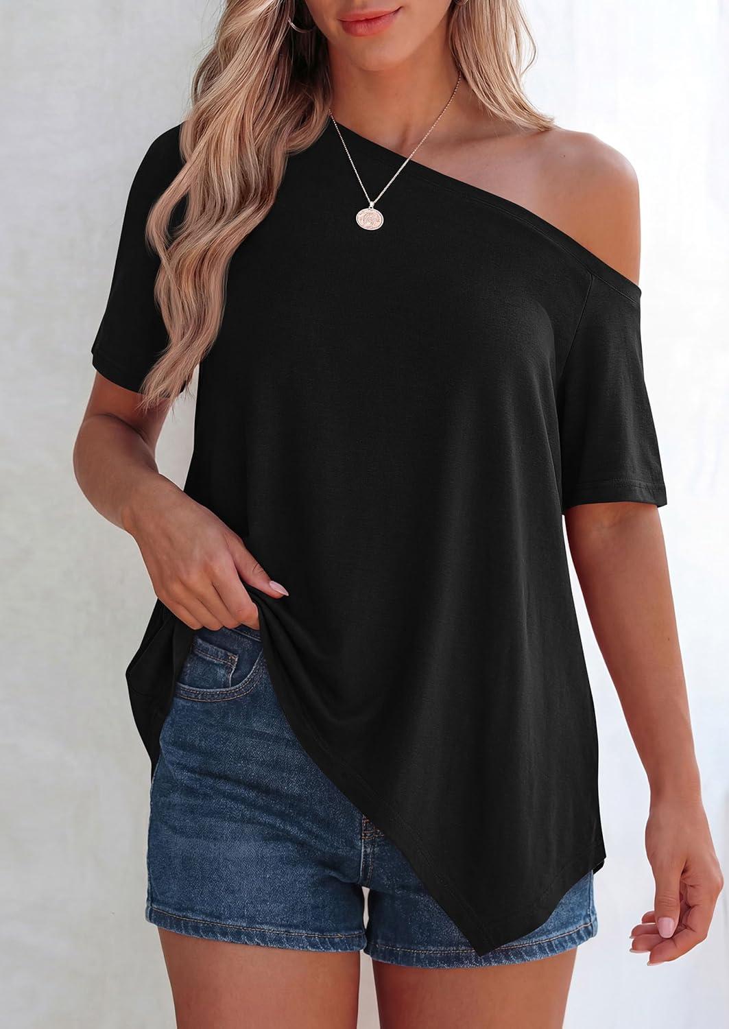 imagePRETTYGARDEN Womens Off The Shoulder Summer Tops Short Sleeve Tunic Blouse 2026 Casual Spring Asymmetrical Oversized TshirtsBlack