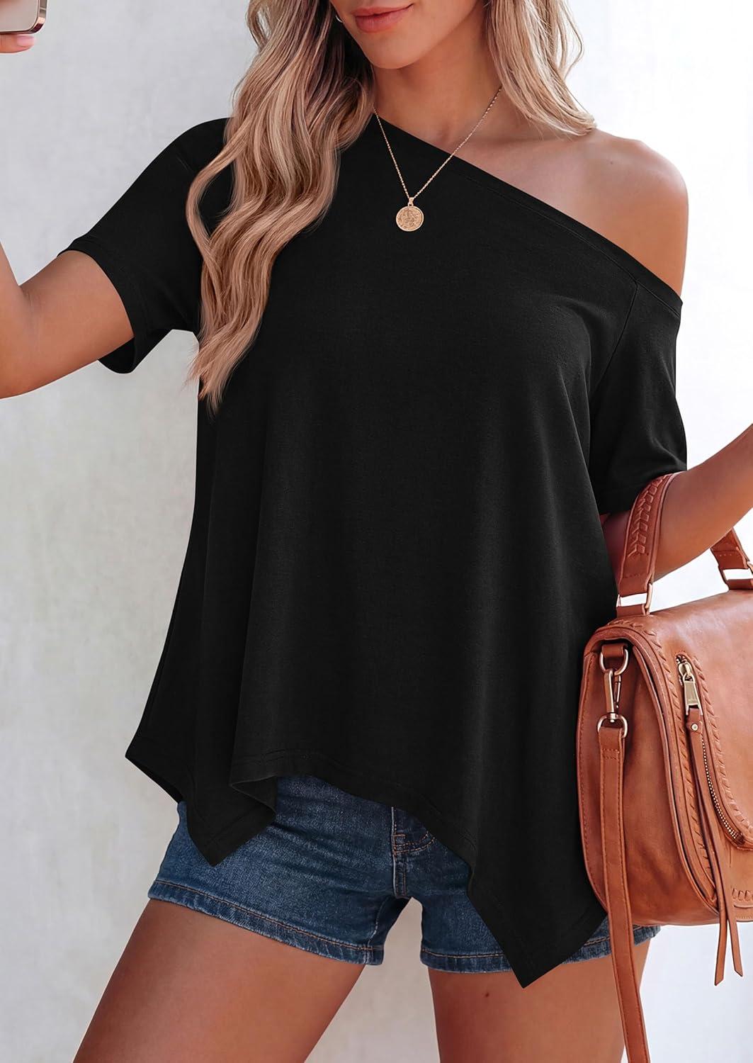 imagePRETTYGARDEN Womens Off The Shoulder Summer Tops Short Sleeve Tunic Blouse 2026 Casual Spring Asymmetrical Oversized TshirtsBlack