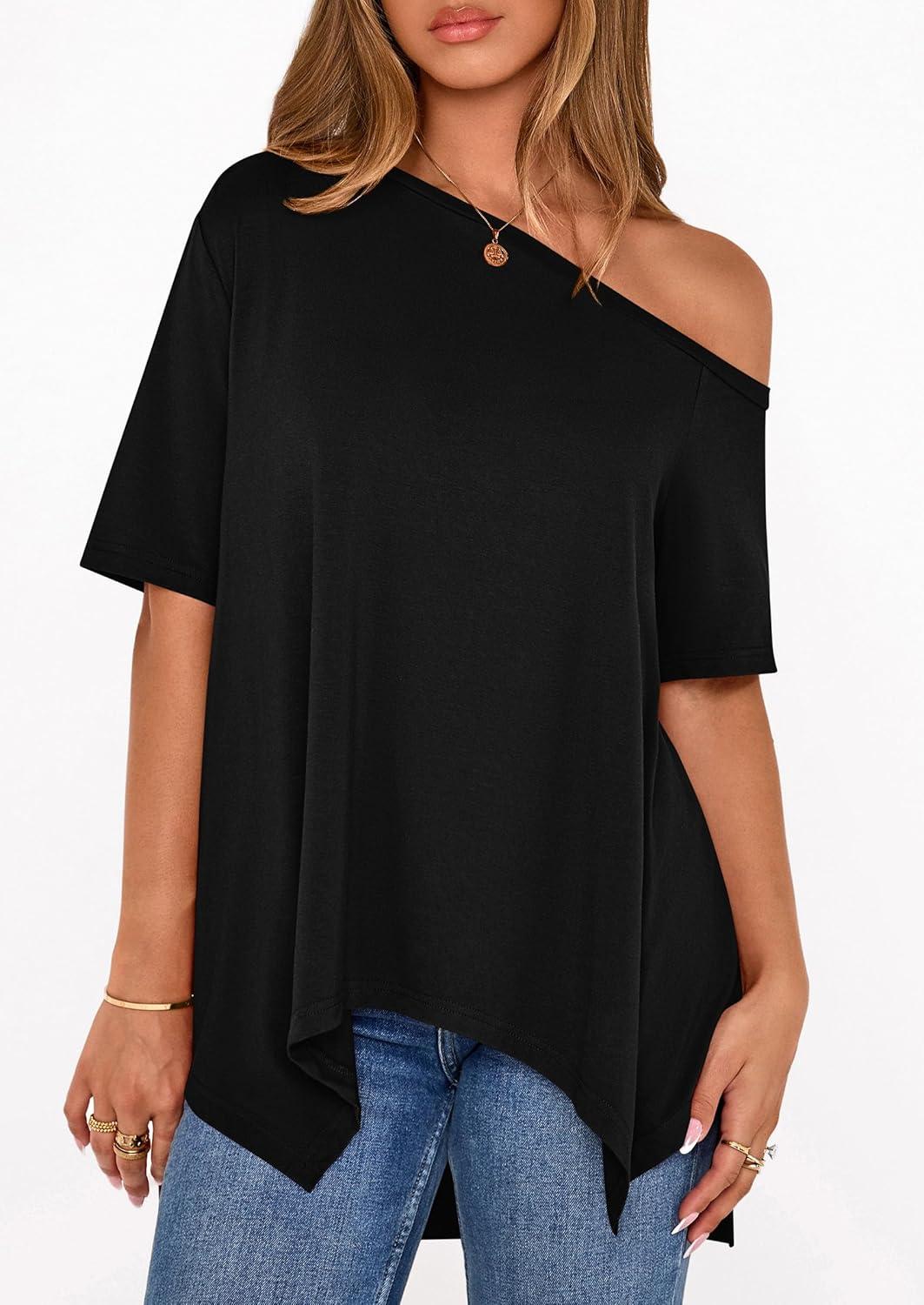 imagePRETTYGARDEN Womens Off The Shoulder Summer Tops Short Sleeve Tunic Blouse 2026 Casual Spring Asymmetrical Oversized TshirtsBlack