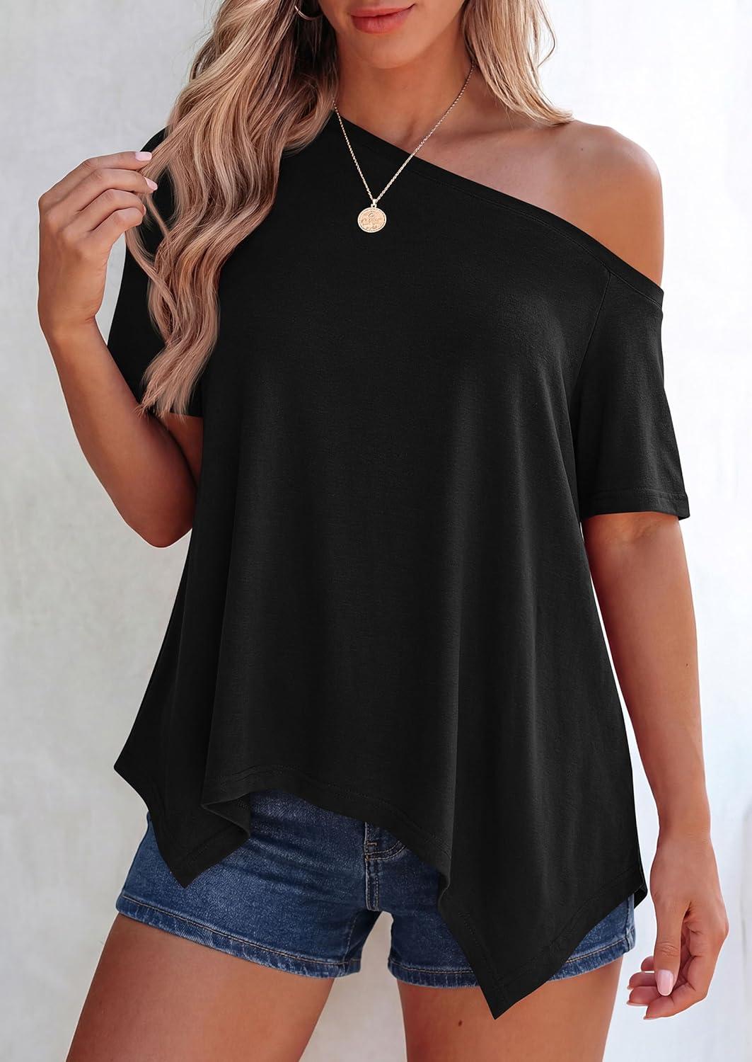 imagePRETTYGARDEN Womens Off The Shoulder Summer Tops Short Sleeve Tunic Blouse 2026 Casual Spring Asymmetrical Oversized TshirtsBlack
