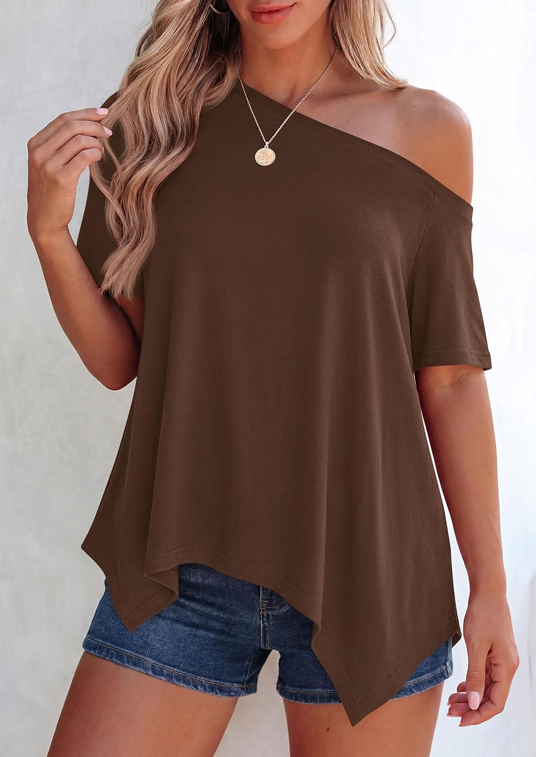 imagePRETTYGARDEN Womens Off The Shoulder Summer Tops Short Sleeve Tunic Blouse 2026 Casual Spring Asymmetrical Oversized TshirtsBrown