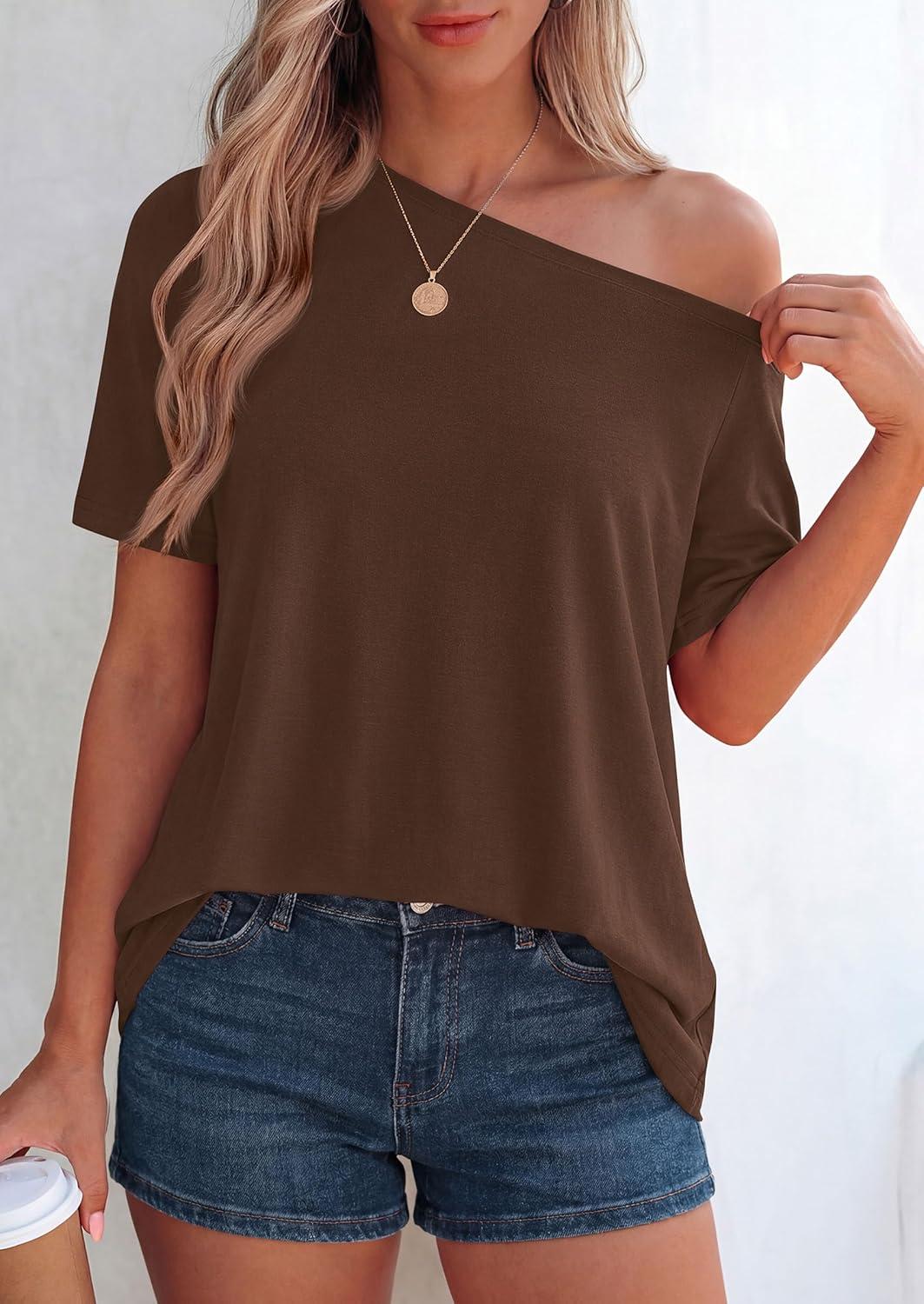 imagePRETTYGARDEN Womens Off The Shoulder Summer Tops Short Sleeve Tunic Blouse 2026 Casual Spring Asymmetrical Oversized TshirtsBrown