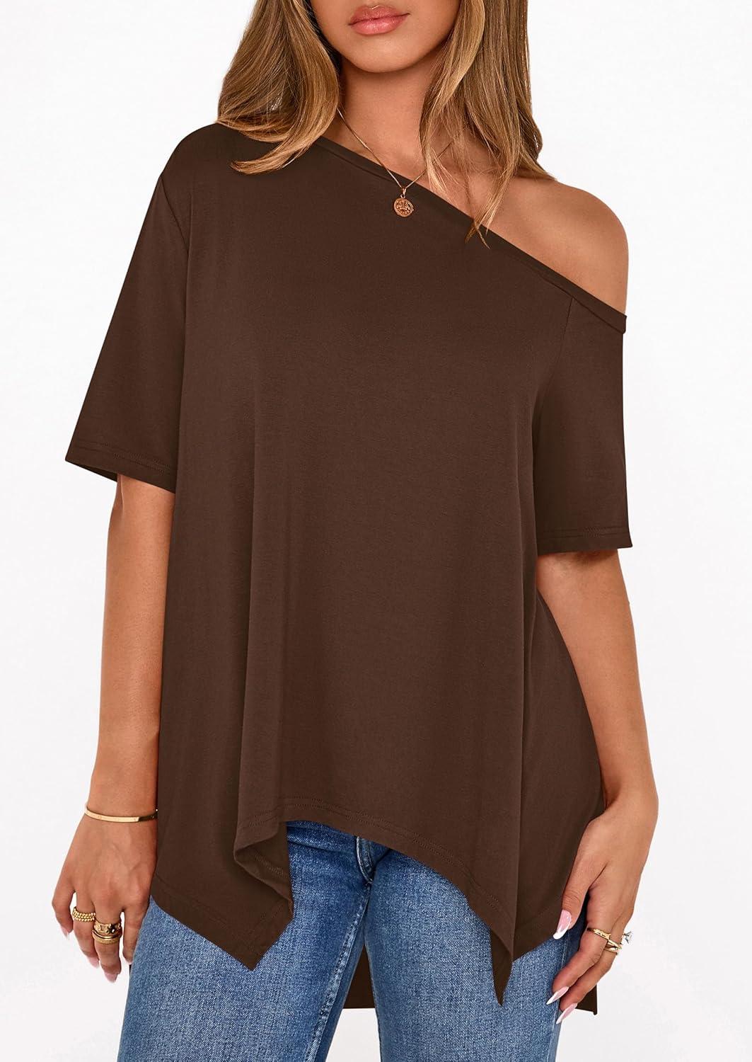 imagePRETTYGARDEN Womens Off The Shoulder Summer Tops Short Sleeve Tunic Blouse 2026 Casual Spring Asymmetrical Oversized TshirtsBrown