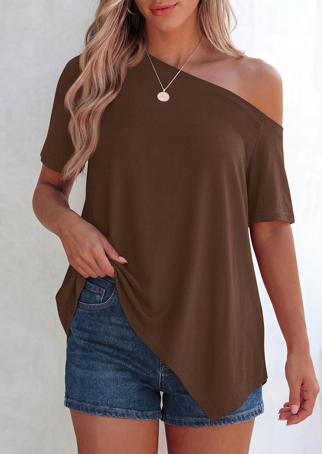 imagePRETTYGARDEN Womens Off The Shoulder Summer Tops Short Sleeve Tunic Blouse 2026 Casual Spring Asymmetrical Oversized TshirtsBrown