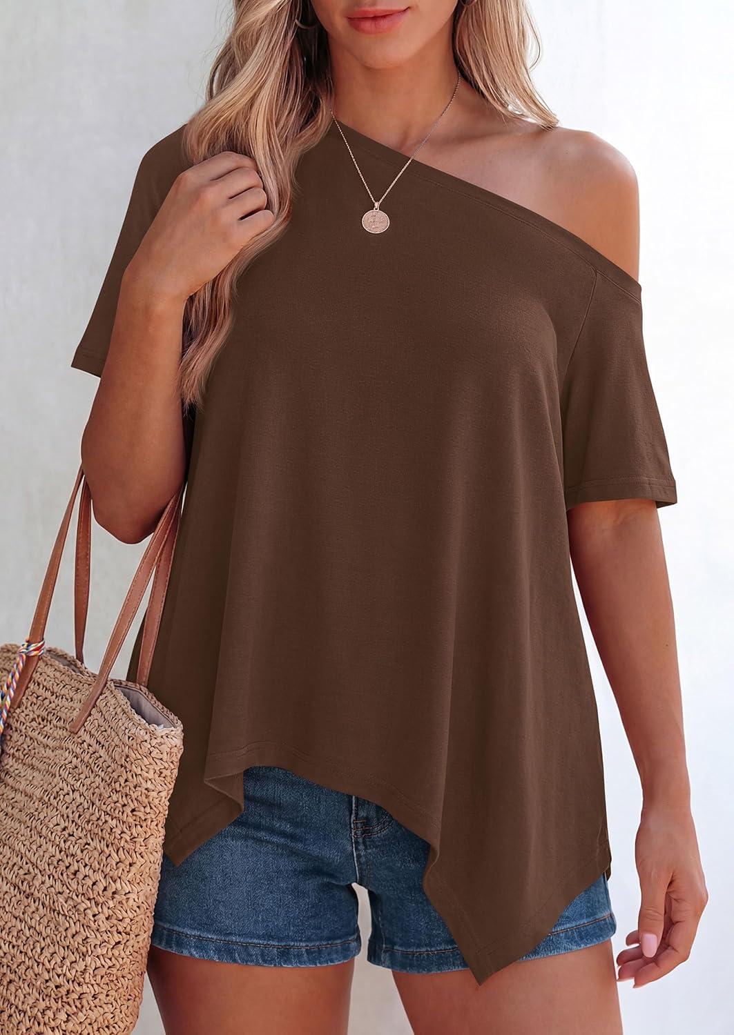 imagePRETTYGARDEN Womens Off The Shoulder Summer Tops Short Sleeve Tunic Blouse 2026 Casual Spring Asymmetrical Oversized TshirtsBrown