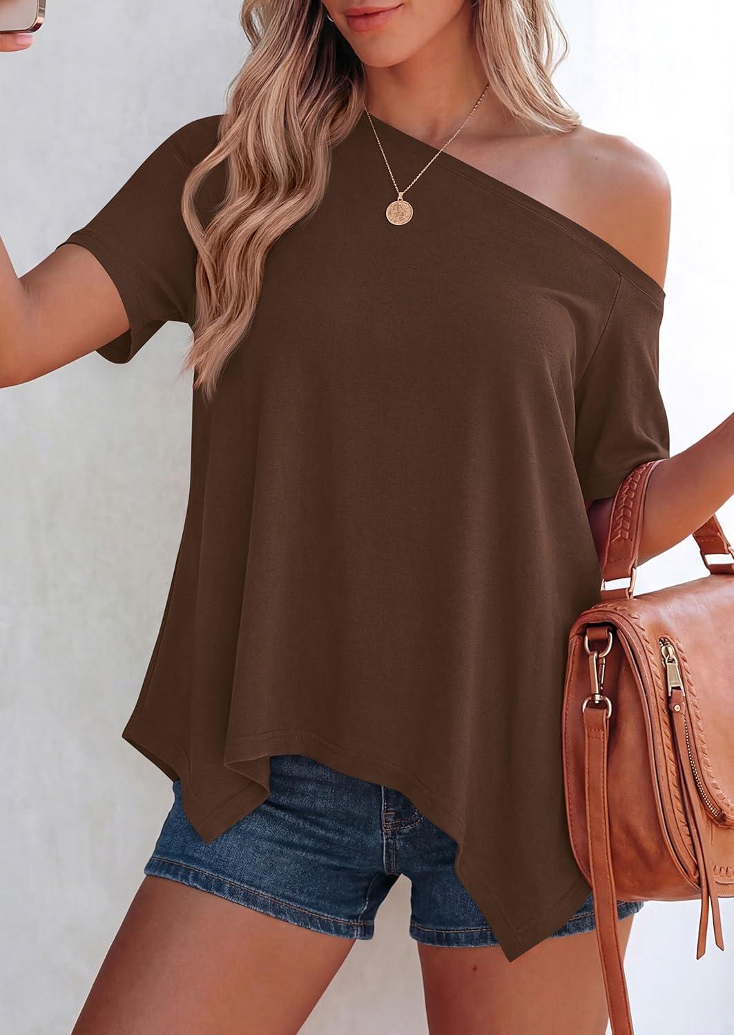 imagePRETTYGARDEN Womens Off The Shoulder Summer Tops Short Sleeve Tunic Blouse 2026 Casual Spring Asymmetrical Oversized TshirtsBrown
