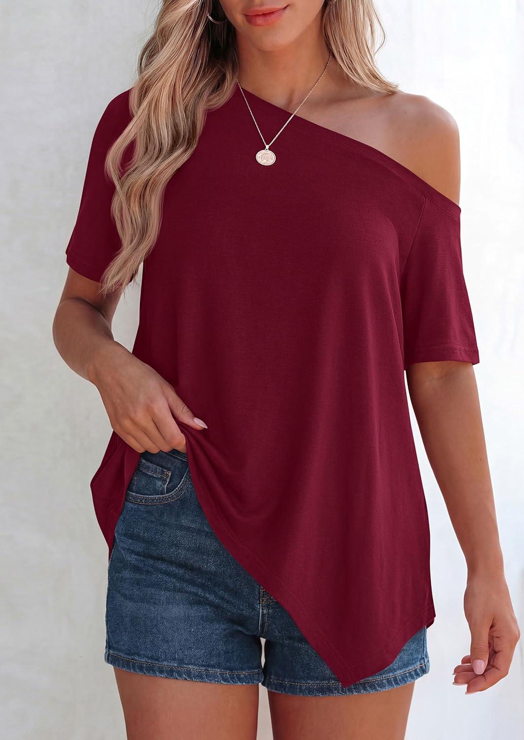 imagePRETTYGARDEN Womens Off The Shoulder Summer Tops Short Sleeve Tunic Blouse 2026 Casual Spring Asymmetrical Oversized TshirtsBurgundy