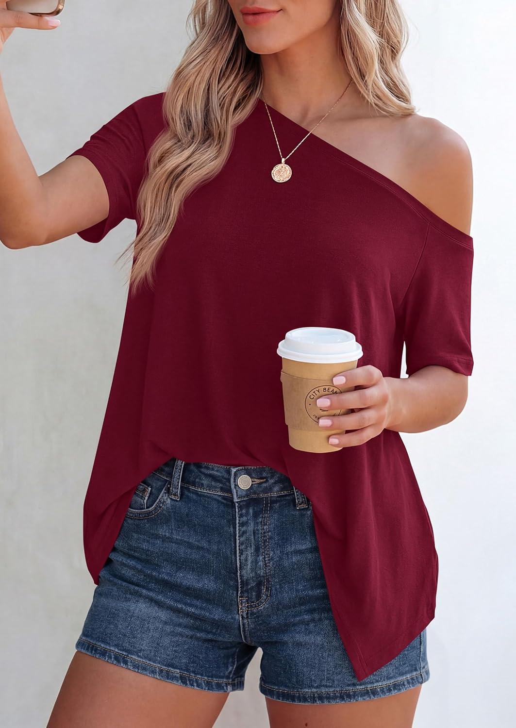 imagePRETTYGARDEN Womens Off The Shoulder Summer Tops Short Sleeve Tunic Blouse 2026 Casual Spring Asymmetrical Oversized TshirtsBurgundy