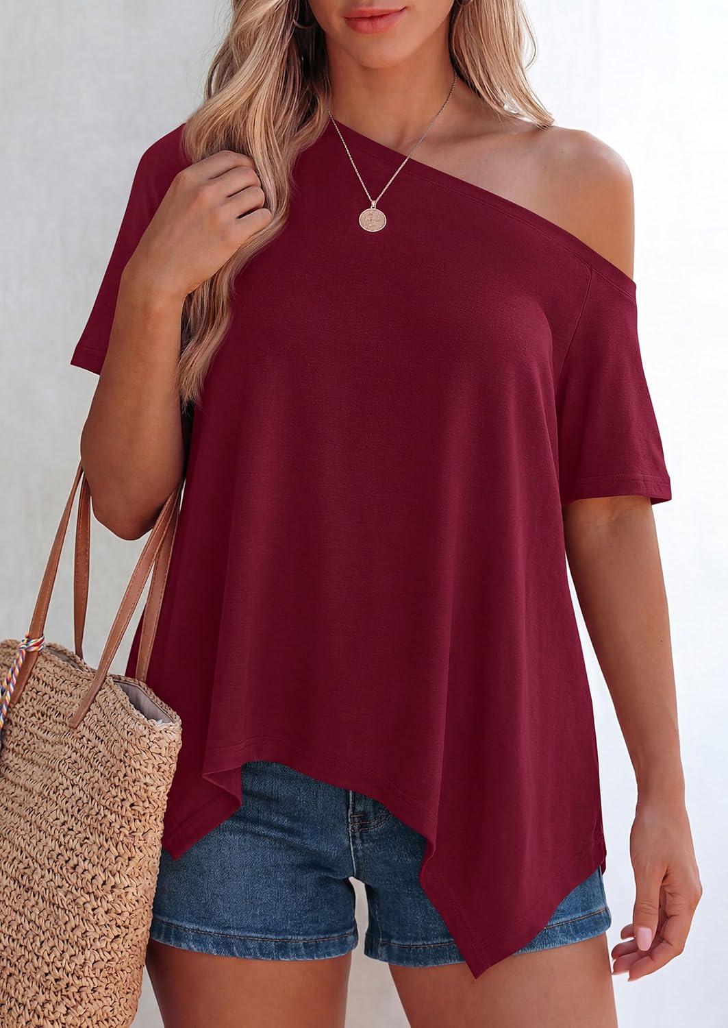 imagePRETTYGARDEN Womens Off The Shoulder Summer Tops Short Sleeve Tunic Blouse 2026 Casual Spring Asymmetrical Oversized TshirtsBurgundy