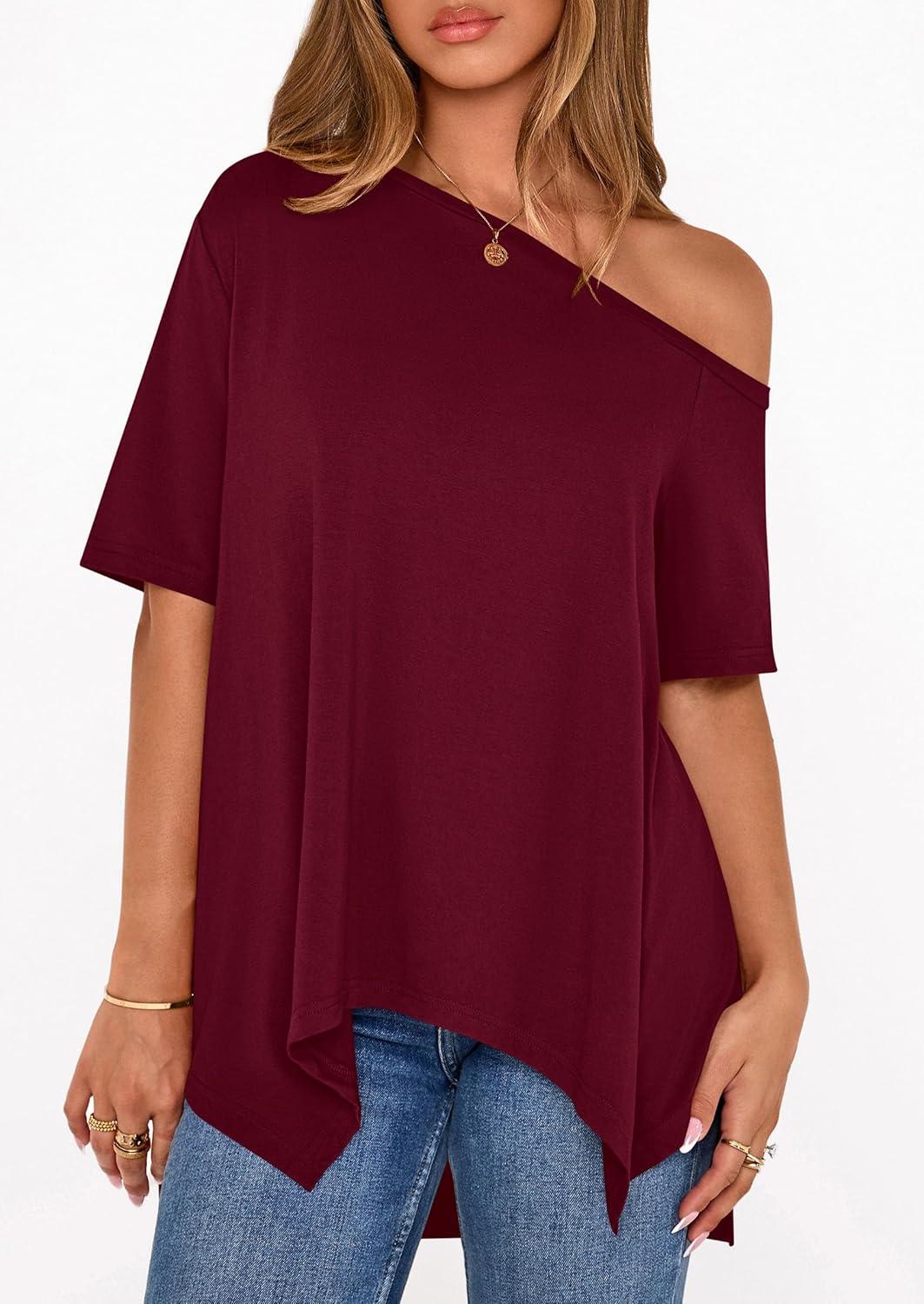 imagePRETTYGARDEN Womens Off The Shoulder Summer Tops Short Sleeve Tunic Blouse 2026 Casual Spring Asymmetrical Oversized TshirtsBurgundy