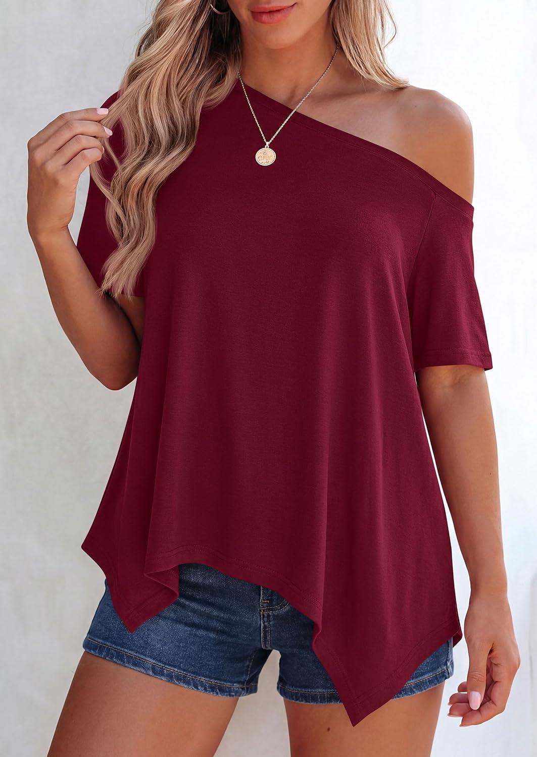 imagePRETTYGARDEN Womens Off The Shoulder Summer Tops Short Sleeve Tunic Blouse 2026 Casual Spring Asymmetrical Oversized TshirtsBurgundy