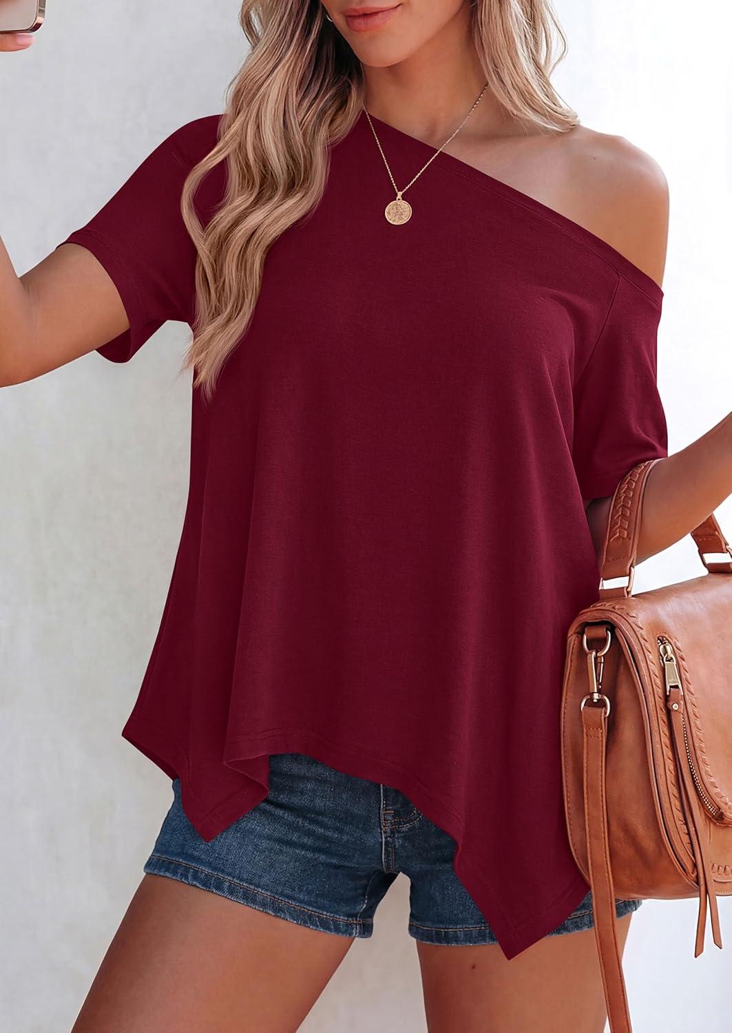 imagePRETTYGARDEN Womens Off The Shoulder Summer Tops Short Sleeve Tunic Blouse 2026 Casual Spring Asymmetrical Oversized TshirtsBurgundy