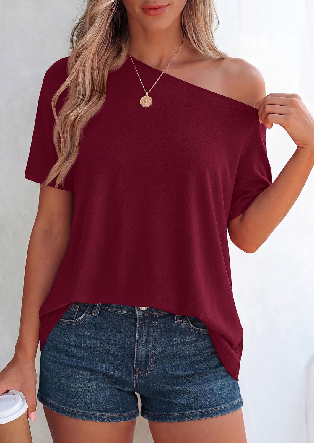 imagePRETTYGARDEN Womens Off The Shoulder Summer Tops Short Sleeve Tunic Blouse 2026 Casual Spring Asymmetrical Oversized TshirtsBurgundy