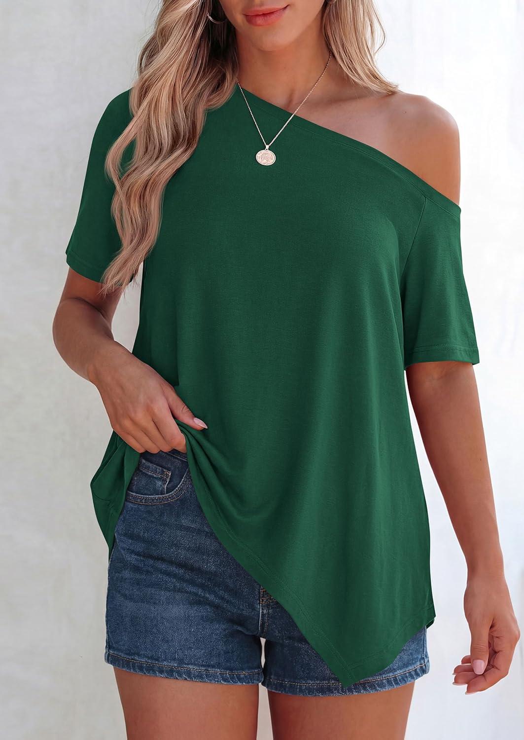 imagePRETTYGARDEN Womens Off The Shoulder Summer Tops Short Sleeve Tunic Blouse 2026 Casual Spring Asymmetrical Oversized TshirtsDark Green