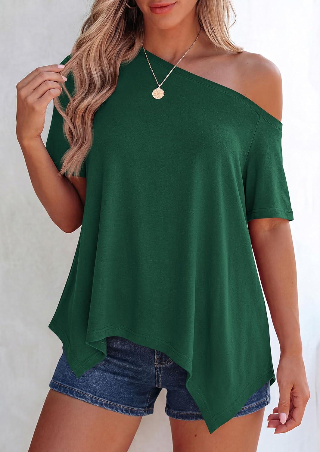 imagePRETTYGARDEN Womens Off The Shoulder Summer Tops Short Sleeve Tunic Blouse 2026 Casual Spring Asymmetrical Oversized TshirtsDark Green