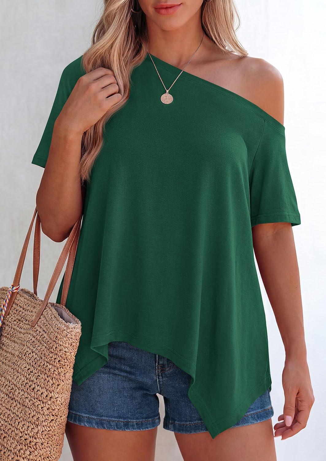 imagePRETTYGARDEN Womens Off The Shoulder Summer Tops Short Sleeve Tunic Blouse 2026 Casual Spring Asymmetrical Oversized TshirtsDark Green