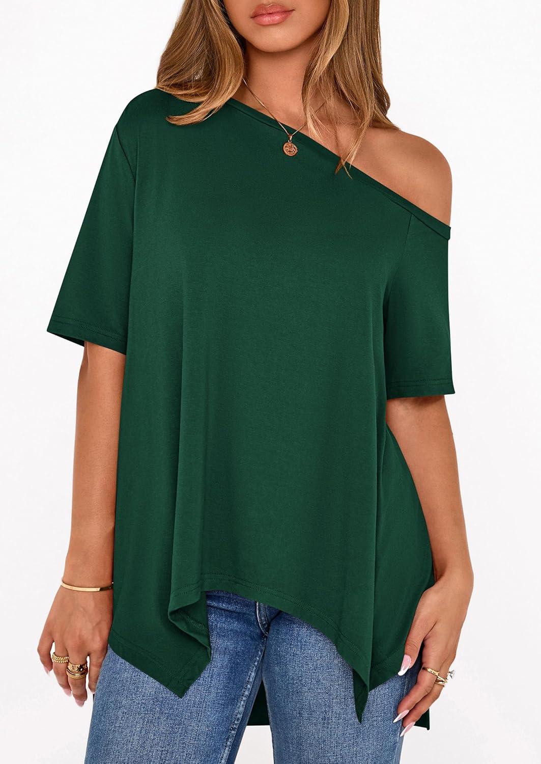 imagePRETTYGARDEN Womens Off The Shoulder Summer Tops Short Sleeve Tunic Blouse 2026 Casual Spring Asymmetrical Oversized TshirtsDark Green