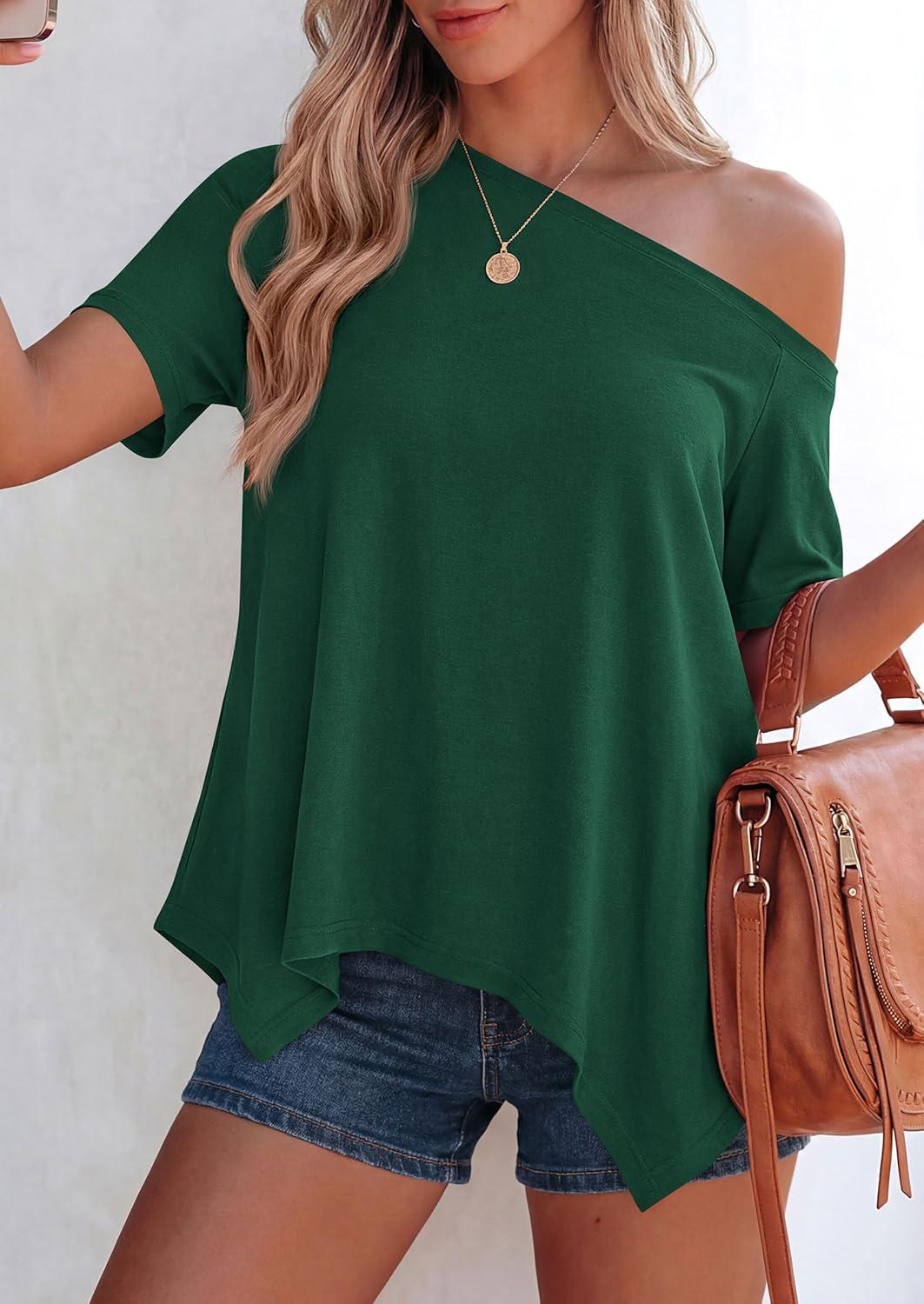 imagePRETTYGARDEN Womens Off The Shoulder Summer Tops Short Sleeve Tunic Blouse 2026 Casual Spring Asymmetrical Oversized TshirtsDark Green