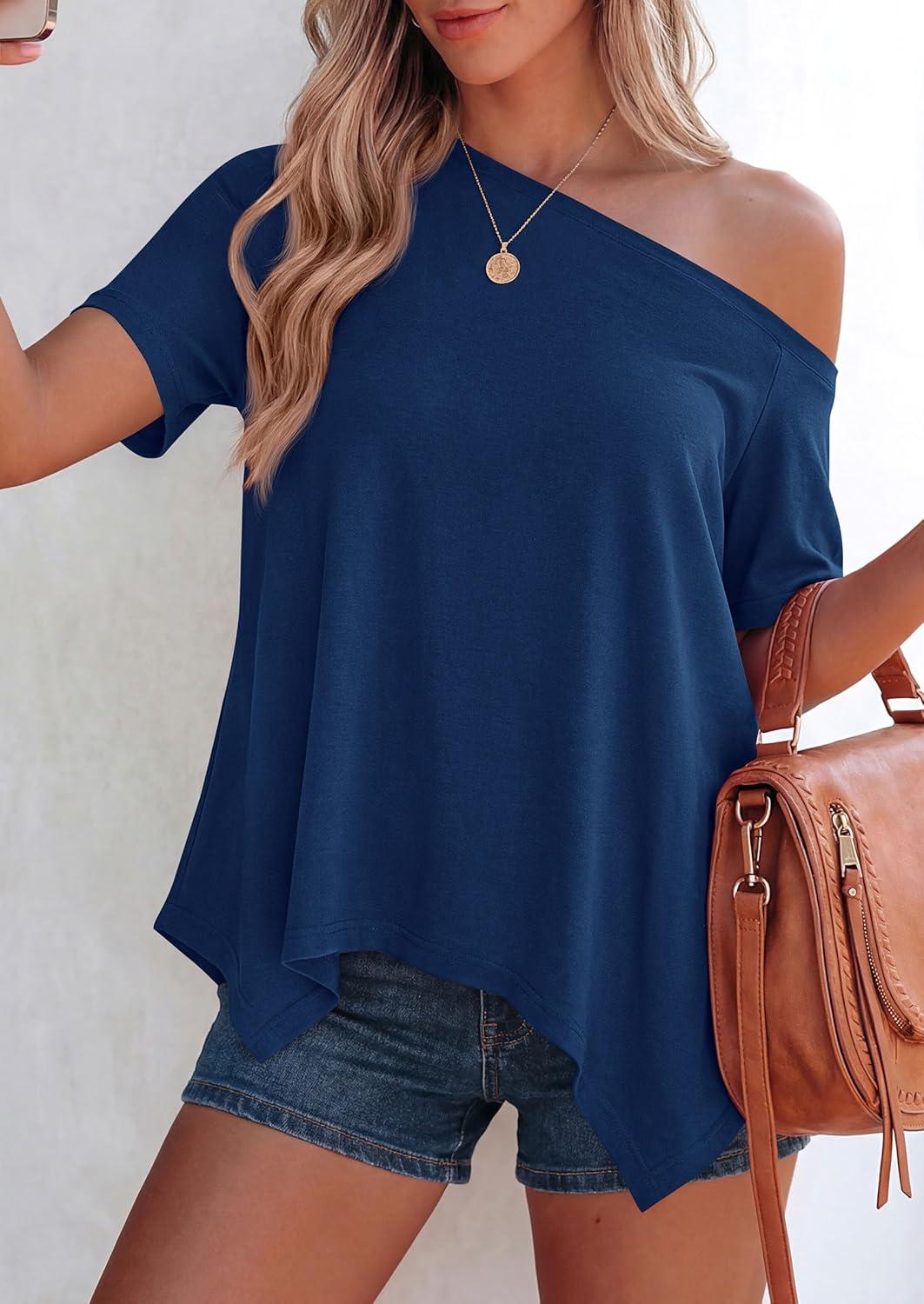 imagePRETTYGARDEN Womens Off The Shoulder Summer Tops Short Sleeve Tunic Blouse 2026 Casual Spring Asymmetrical Oversized TshirtsDusty Blue