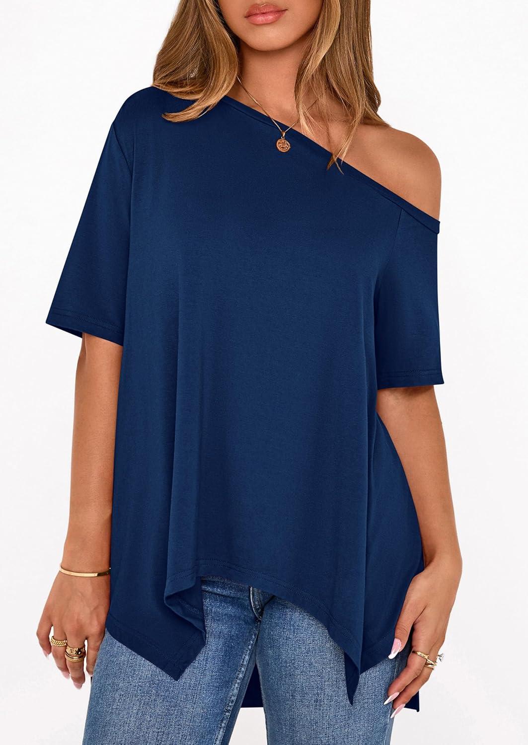 imagePRETTYGARDEN Womens Off The Shoulder Summer Tops Short Sleeve Tunic Blouse 2026 Casual Spring Asymmetrical Oversized TshirtsDusty Blue