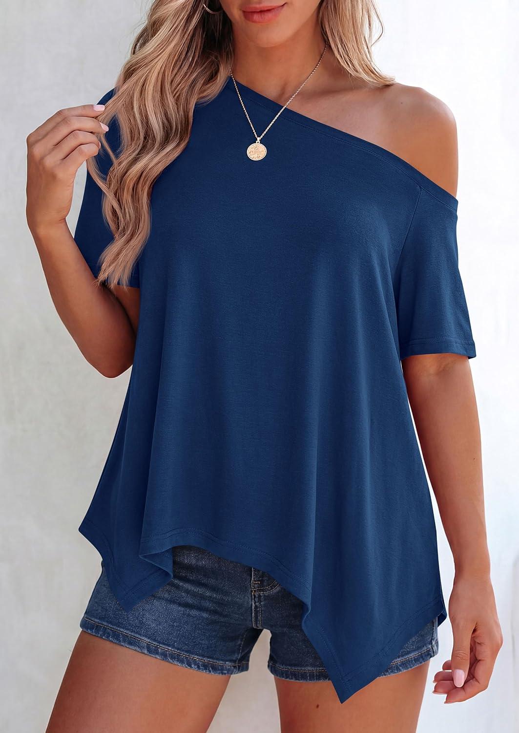 imagePRETTYGARDEN Womens Off The Shoulder Summer Tops Short Sleeve Tunic Blouse 2026 Casual Spring Asymmetrical Oversized TshirtsDusty Blue
