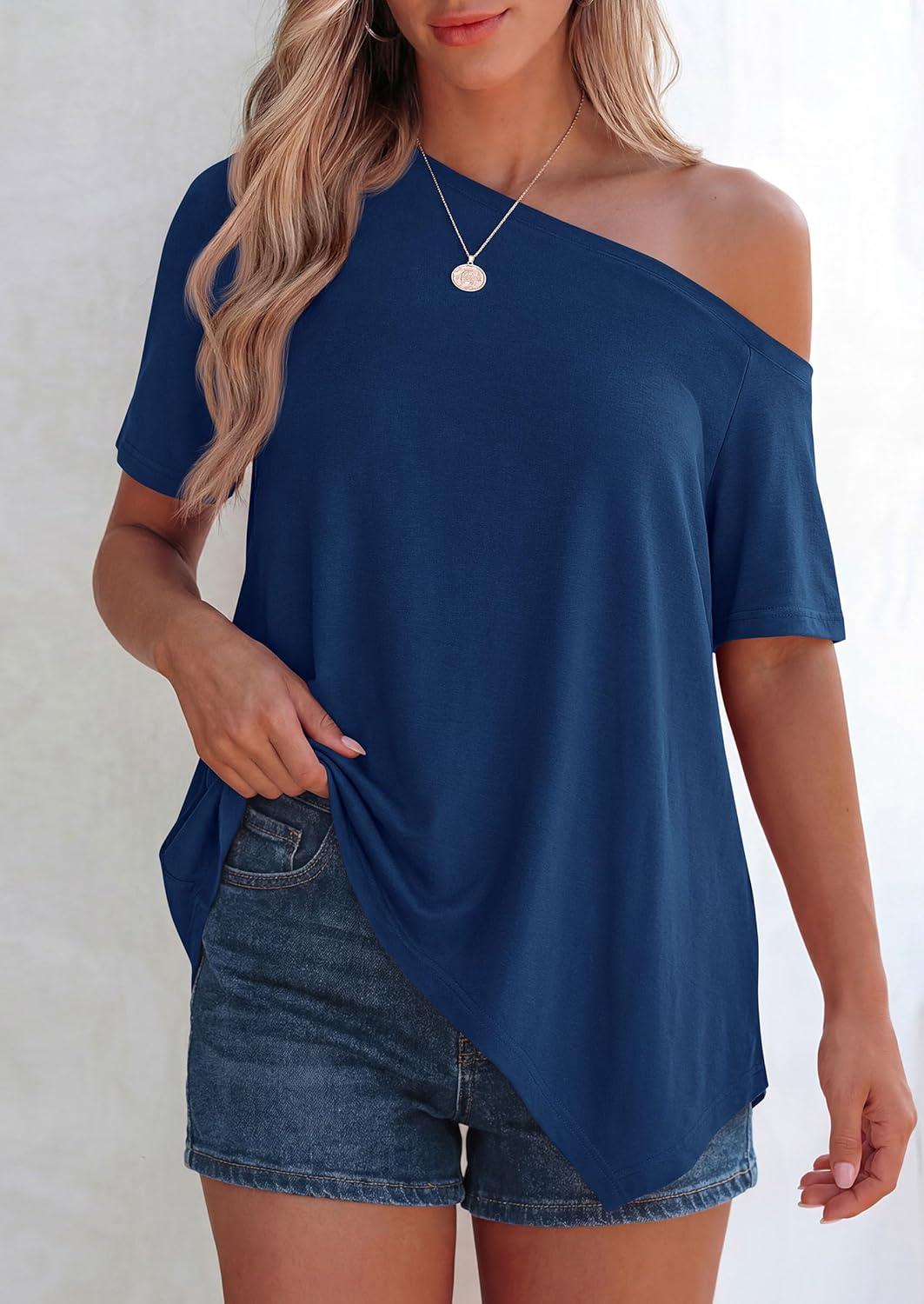 imagePRETTYGARDEN Womens Off The Shoulder Summer Tops Short Sleeve Tunic Blouse 2026 Casual Spring Asymmetrical Oversized TshirtsDusty Blue