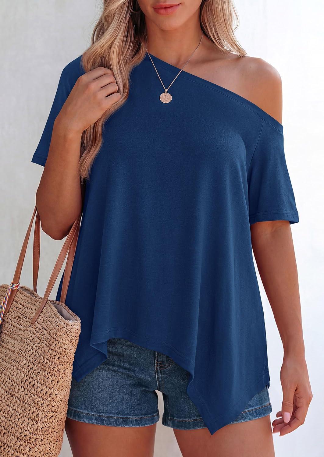 imagePRETTYGARDEN Womens Off The Shoulder Summer Tops Short Sleeve Tunic Blouse 2026 Casual Spring Asymmetrical Oversized TshirtsDusty Blue