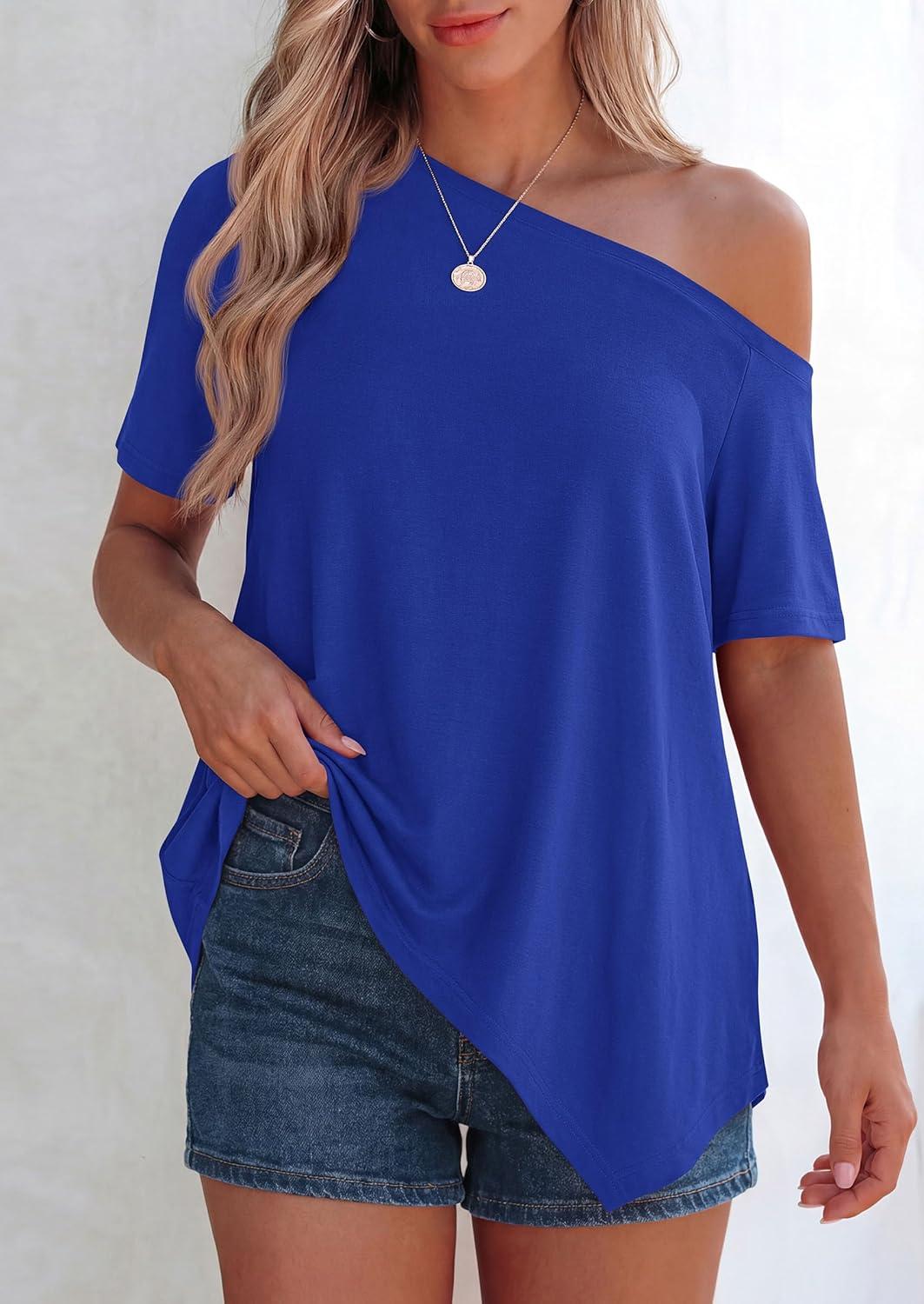 imagePRETTYGARDEN Womens Off The Shoulder Summer Tops Short Sleeve Tunic Blouse 2026 Casual Spring Asymmetrical Oversized TshirtsRoyal Blue