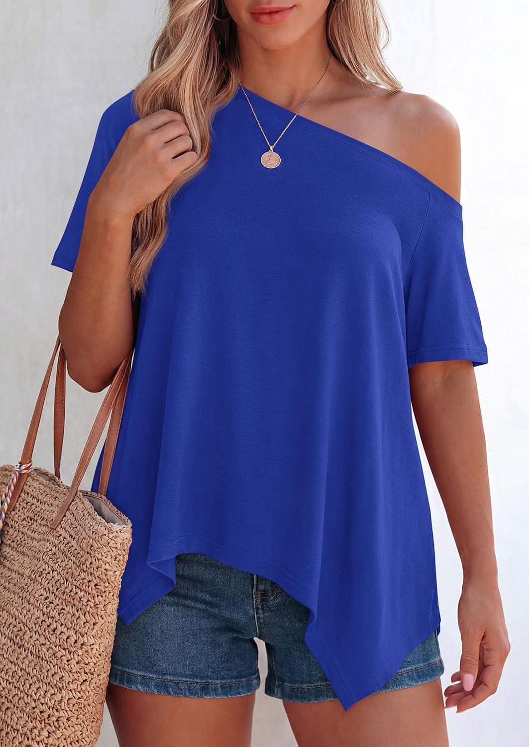 imagePRETTYGARDEN Womens Off The Shoulder Summer Tops Short Sleeve Tunic Blouse 2026 Casual Spring Asymmetrical Oversized TshirtsRoyal Blue