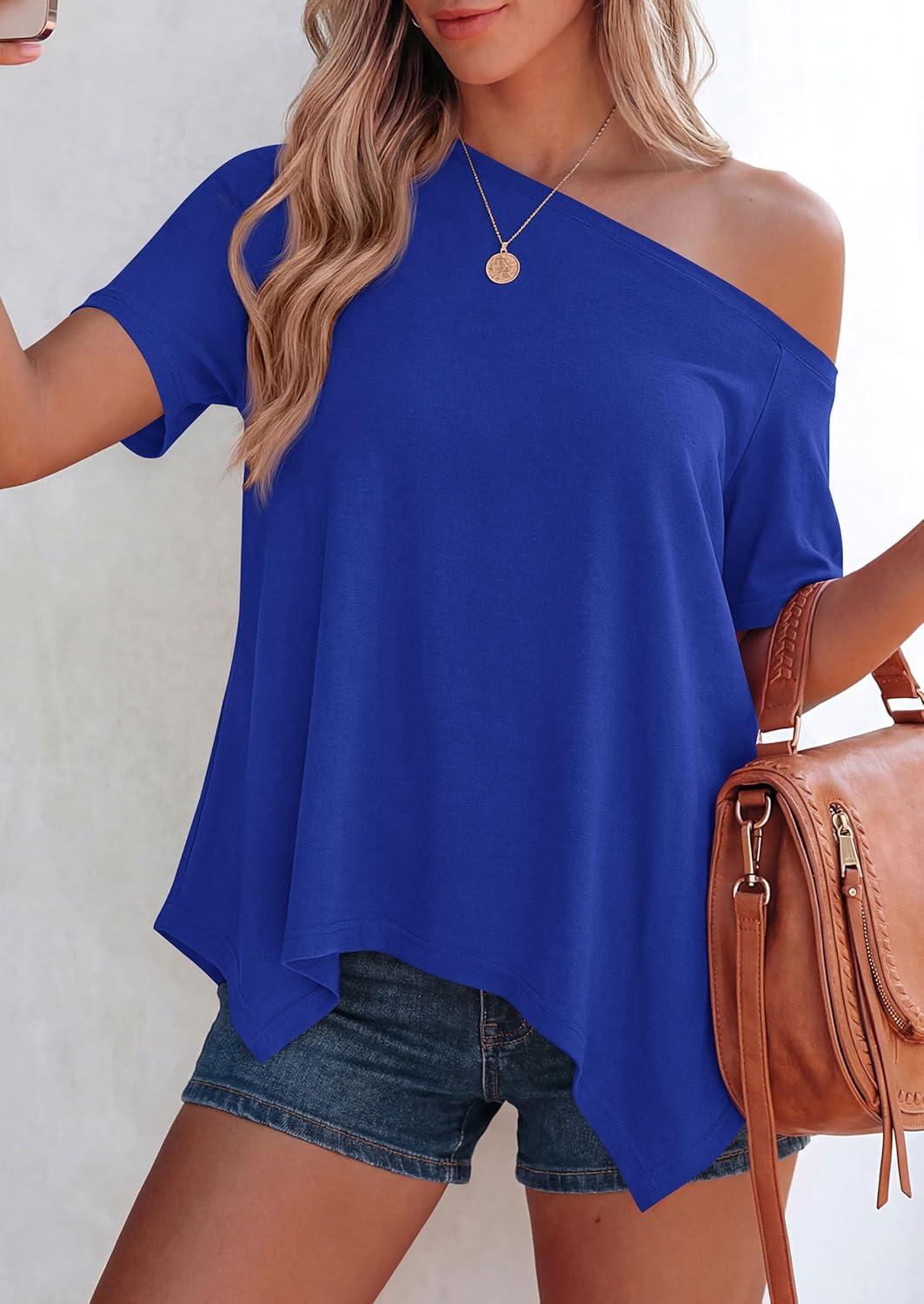 imagePRETTYGARDEN Womens Off The Shoulder Summer Tops Short Sleeve Tunic Blouse 2026 Casual Spring Asymmetrical Oversized TshirtsRoyal Blue