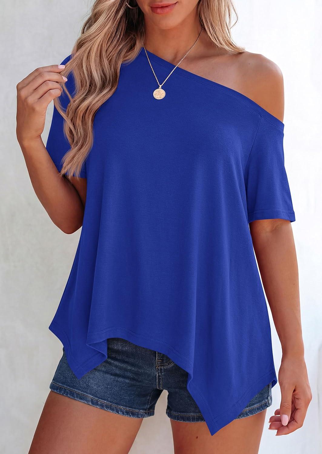 imagePRETTYGARDEN Womens Off The Shoulder Summer Tops Short Sleeve Tunic Blouse 2026 Casual Spring Asymmetrical Oversized TshirtsRoyal Blue