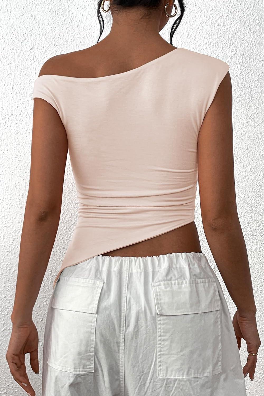 imagePRETTYGARDEN Womens Off The Shoulder Y2K Tops 2026 Summer Sleeveless Asymmetrical Ruched Going Out Tank Top Fashion ClothingBeige