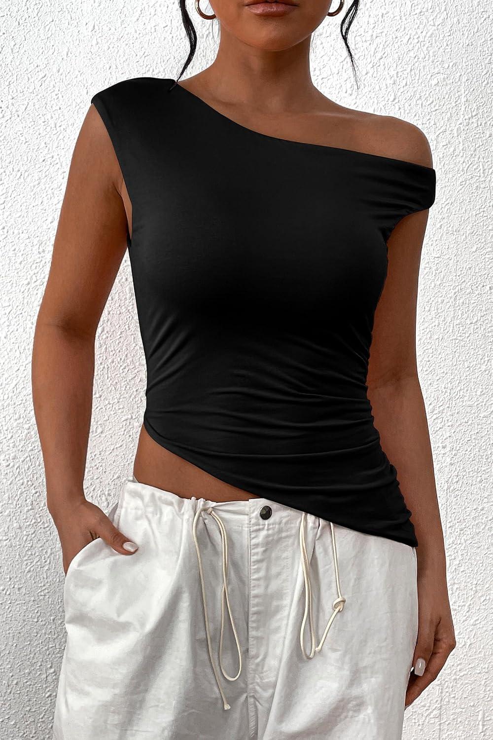 imagePRETTYGARDEN Womens Off The Shoulder Y2K Tops 2026 Summer Sleeveless Asymmetrical Ruched Going Out Tank Top Fashion ClothingBlack
