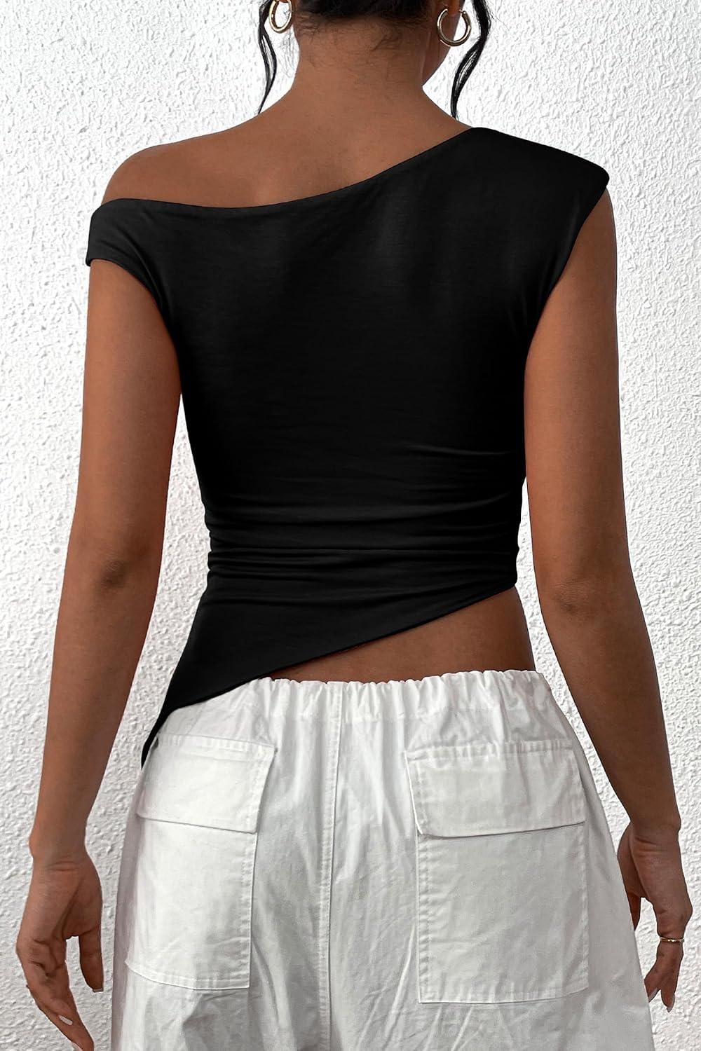 imagePRETTYGARDEN Womens Off The Shoulder Y2K Tops 2026 Summer Sleeveless Asymmetrical Ruched Going Out Tank Top Fashion ClothingBlack