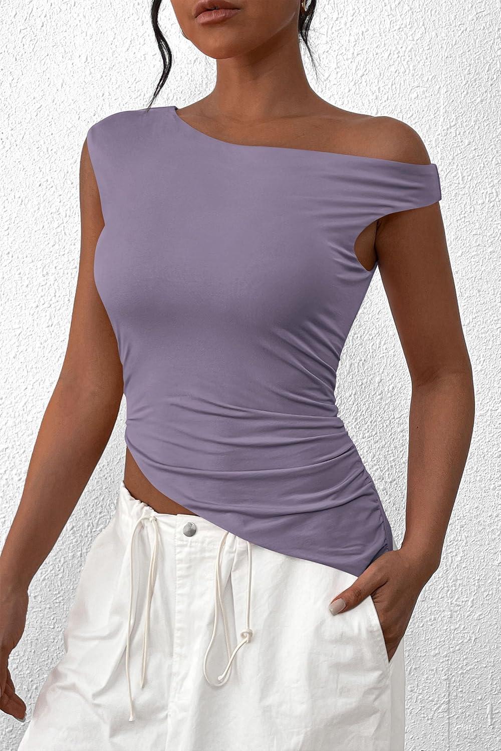 imagePRETTYGARDEN Womens Off The Shoulder Y2K Tops 2026 Summer Sleeveless Asymmetrical Ruched Going Out Tank Top Fashion ClothingDusty Violet