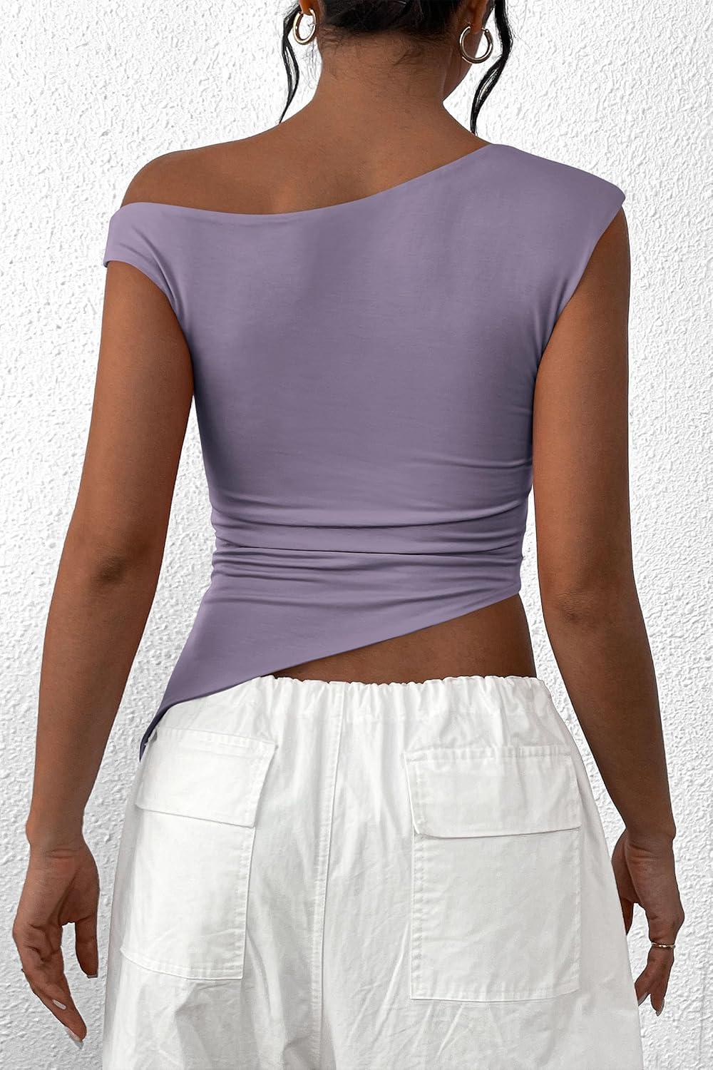 imagePRETTYGARDEN Womens Off The Shoulder Y2K Tops 2026 Summer Sleeveless Asymmetrical Ruched Going Out Tank Top Fashion ClothingDusty Violet