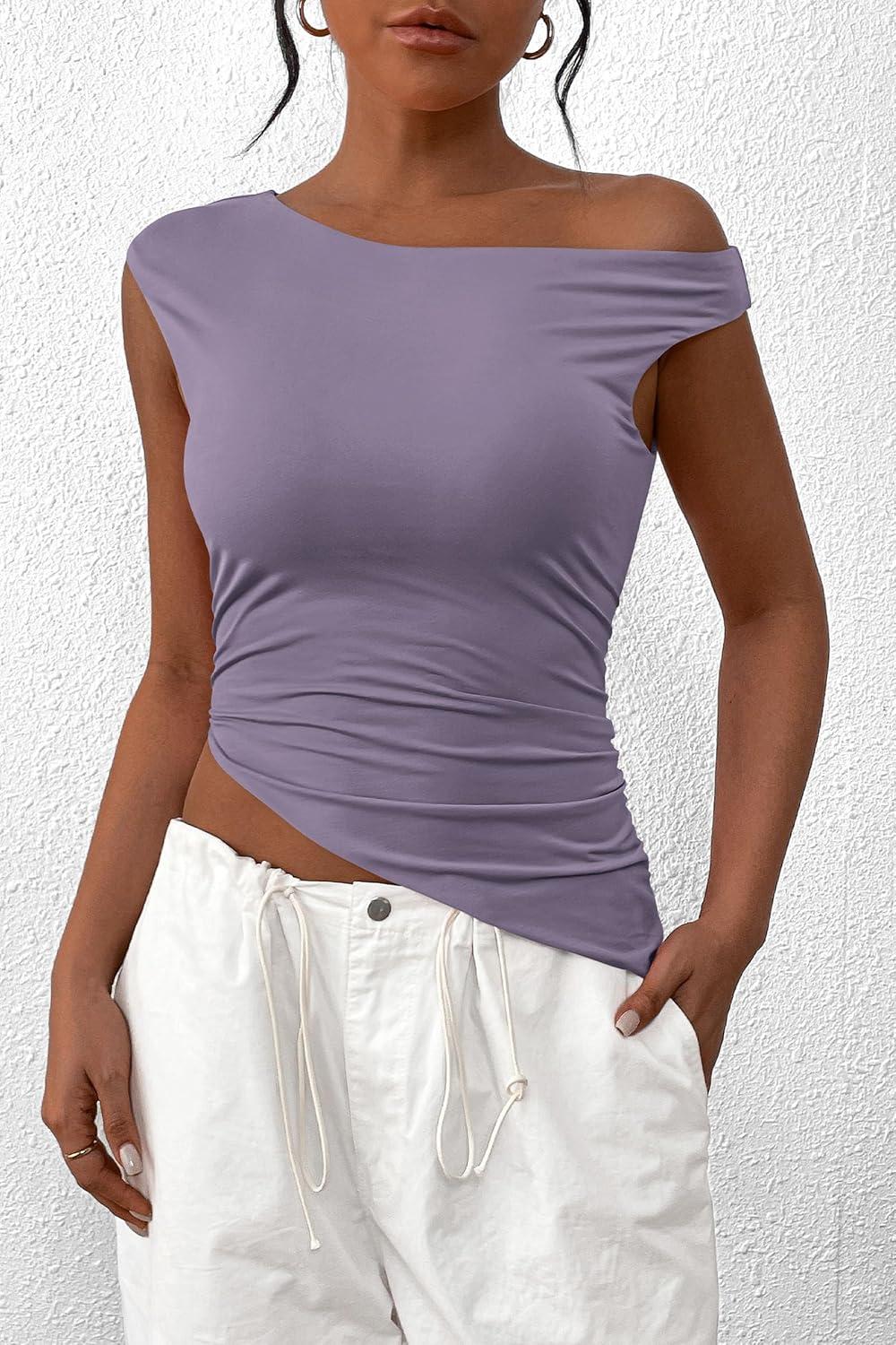 imagePRETTYGARDEN Womens Off The Shoulder Y2K Tops 2026 Summer Sleeveless Asymmetrical Ruched Going Out Tank Top Fashion ClothingDusty Violet