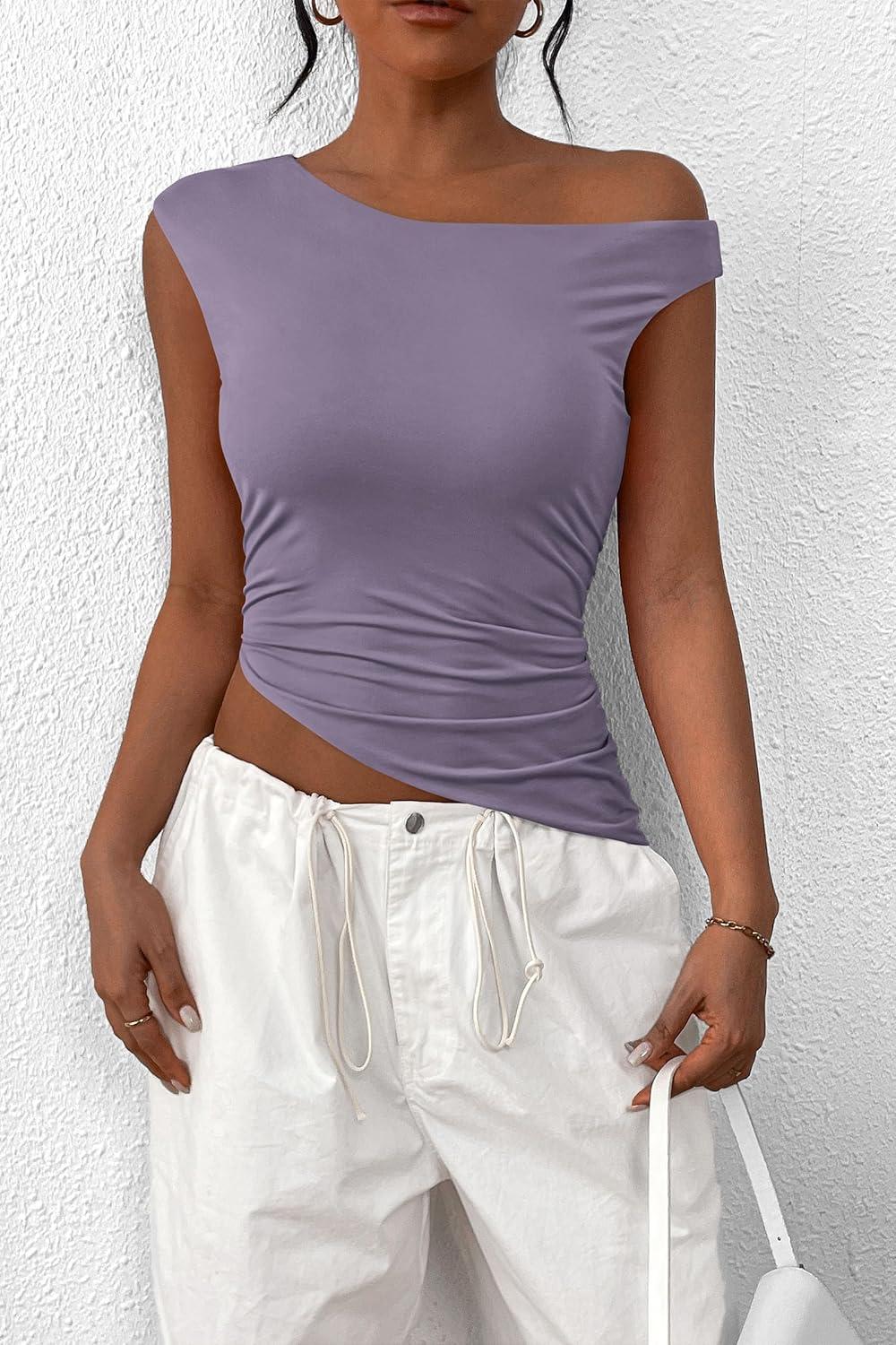 imagePRETTYGARDEN Womens Off The Shoulder Y2K Tops 2026 Summer Sleeveless Asymmetrical Ruched Going Out Tank Top Fashion ClothingDusty Violet