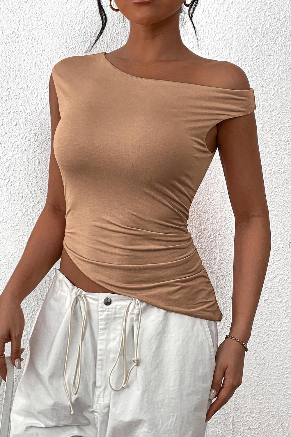 imagePRETTYGARDEN Womens Off The Shoulder Y2K Tops 2026 Summer Sleeveless Asymmetrical Ruched Going Out Tank Top Fashion ClothingKhaki