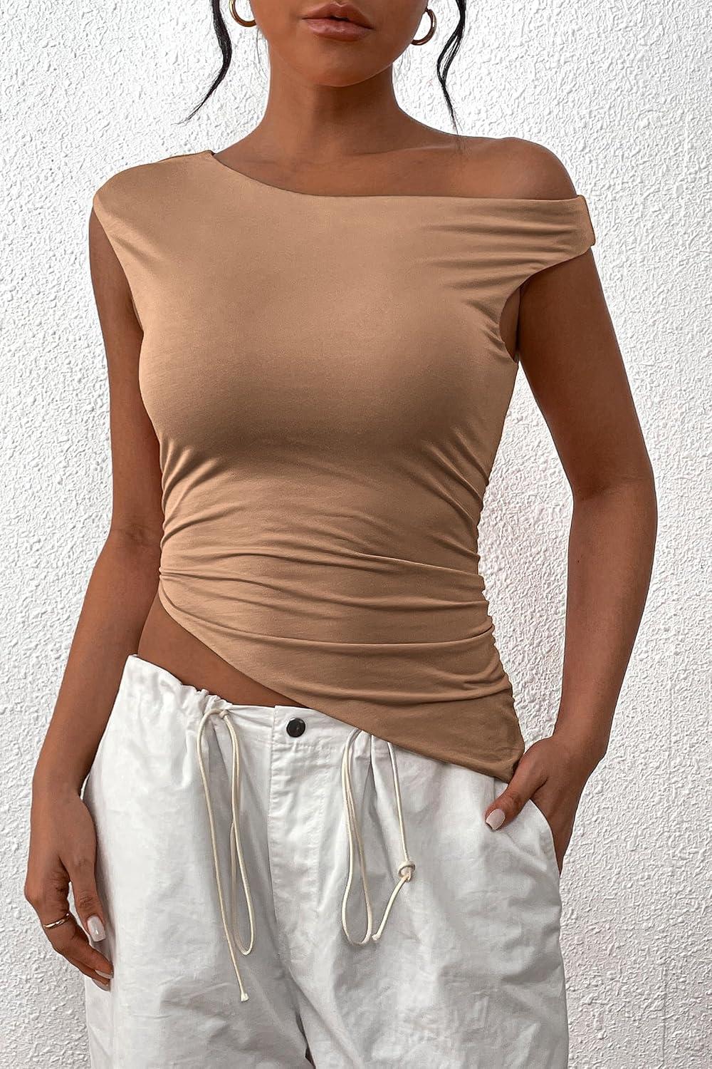 imagePRETTYGARDEN Womens Off The Shoulder Y2K Tops 2026 Summer Sleeveless Asymmetrical Ruched Going Out Tank Top Fashion ClothingKhaki