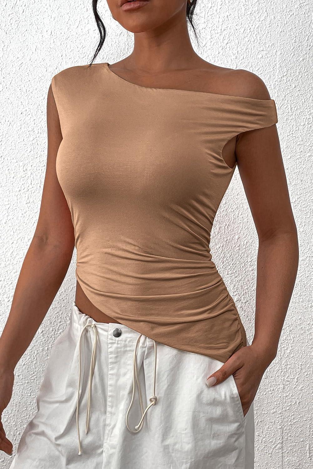 imagePRETTYGARDEN Womens Off The Shoulder Y2K Tops 2026 Summer Sleeveless Asymmetrical Ruched Going Out Tank Top Fashion ClothingKhaki